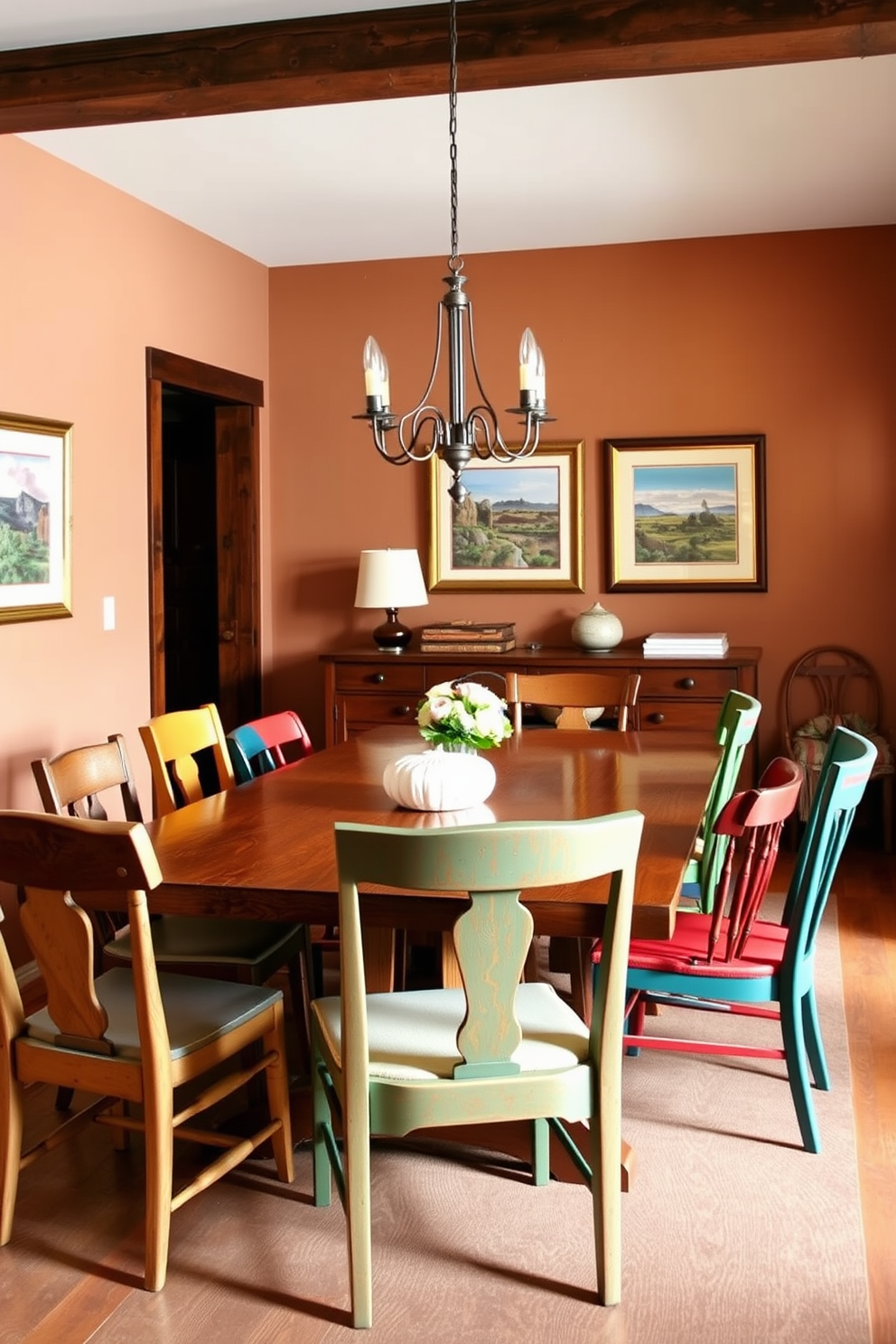 A Southwestern dining room features a large wooden dining table surrounded by mismatched chairs in vibrant colors. Framed landscape paintings adorn the walls, adding depth and interest to the warm earthy tones of the room.