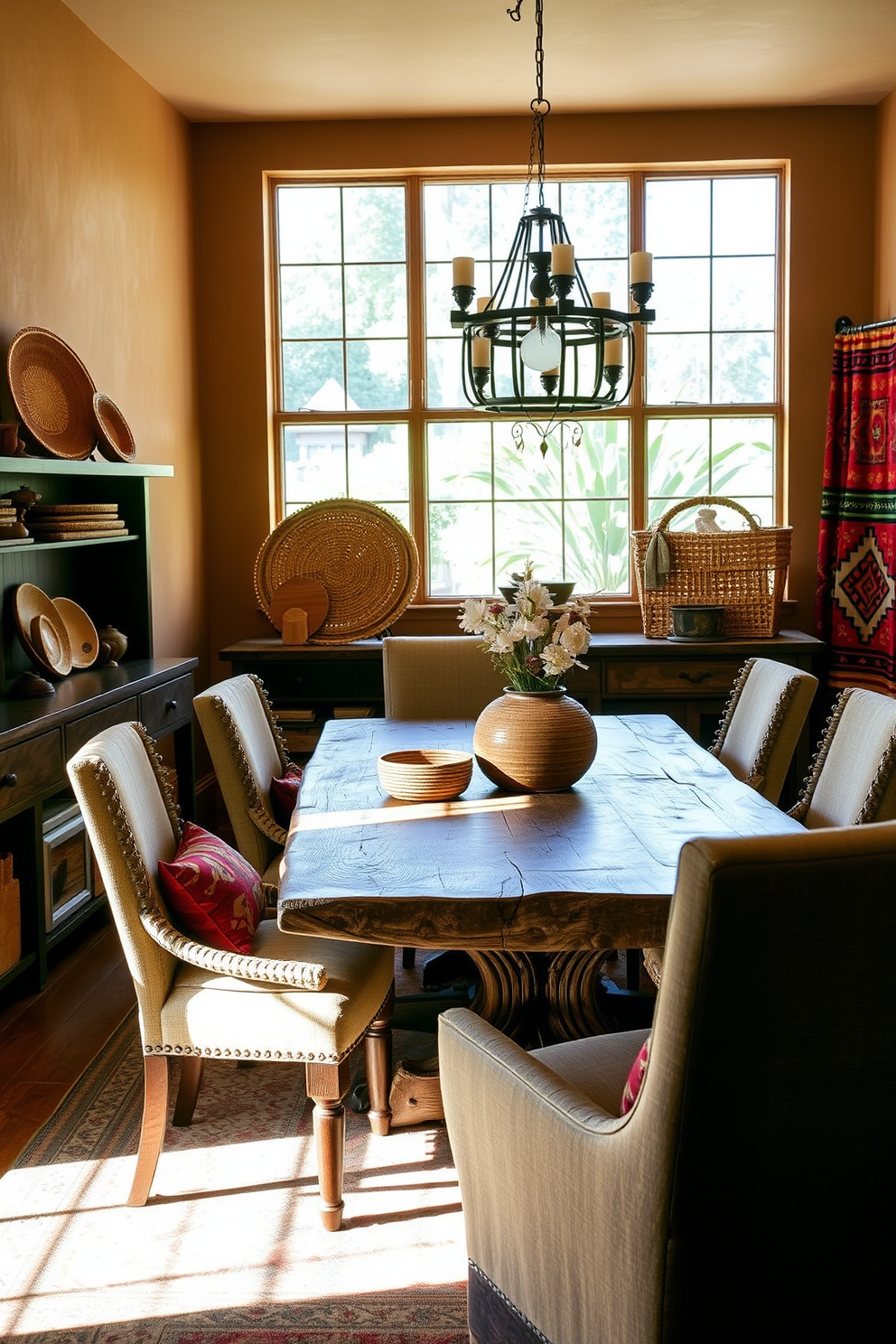 A warm and inviting dining room featuring a rustic wooden table surrounded by comfortable upholstered chairs. Woven baskets are strategically placed on shelves and the table, adding functional decor while enhancing the Southwestern aesthetic. The walls are adorned with earthy tones, complemented by vibrant textiles that showcase traditional Southwestern patterns. Natural light floods the space through large windows, illuminating the unique decor and creating a cozy atmosphere for gatherings.