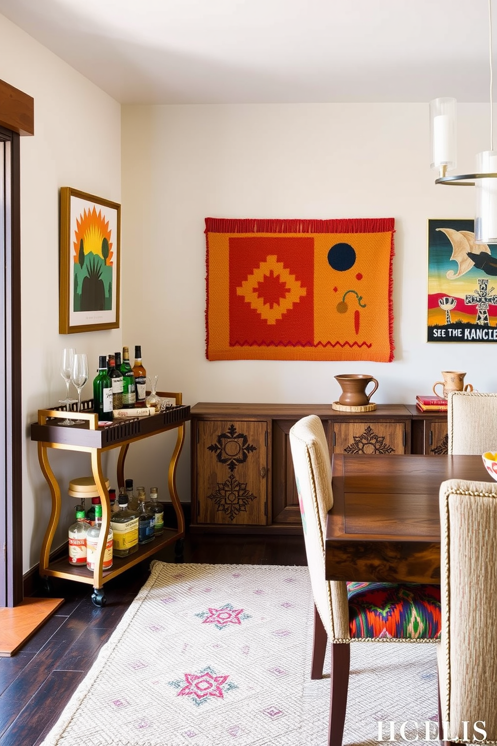 A chic bar cart is elegantly positioned in the corner of a stylish dining room. It is adorned with an array of premium spirits, glassware, and decorative accessories that invite guests to indulge. The Southwestern dining room features a rustic wooden table surrounded by colorful upholstered chairs. The walls are decorated with vibrant artwork and woven textiles that reflect the rich cultural heritage of the Southwest.