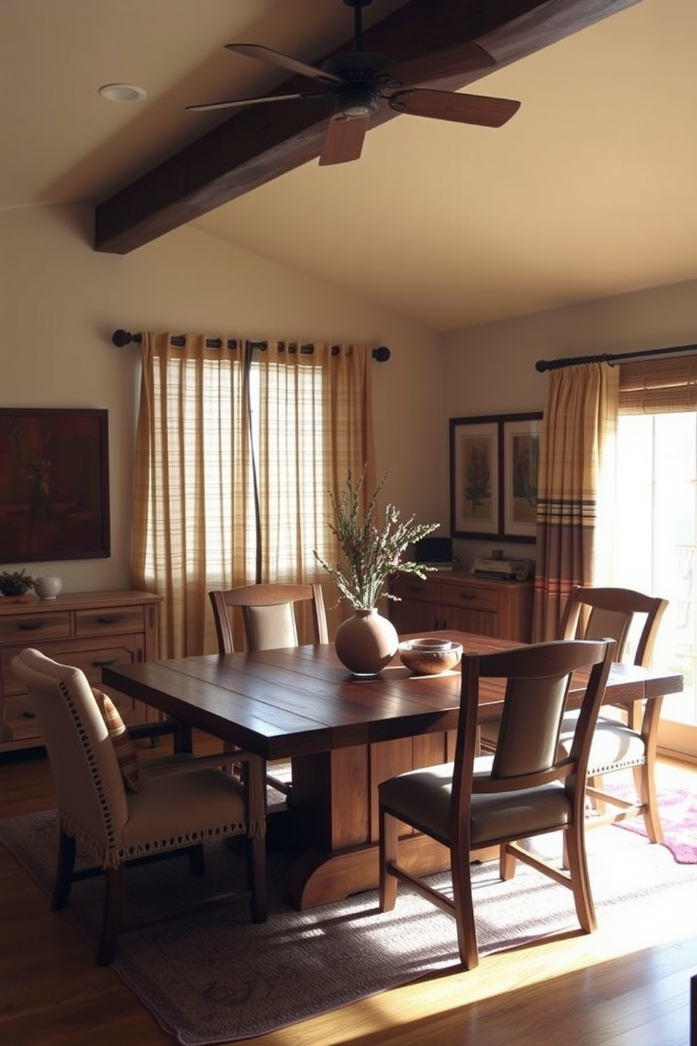 A warm and inviting dining room features natural fiber curtains that gently filter sunlight, adding a soft and airy feel to the space. The decor incorporates earthy tones and rustic wooden furniture, creating a harmonious blend of comfort and style. The dining table is crafted from reclaimed wood, surrounded by upholstered chairs that provide both elegance and comfort. Southwestern-inspired artwork adorns the walls, complementing the vibrant colors and patterns of the textiles used throughout the room.