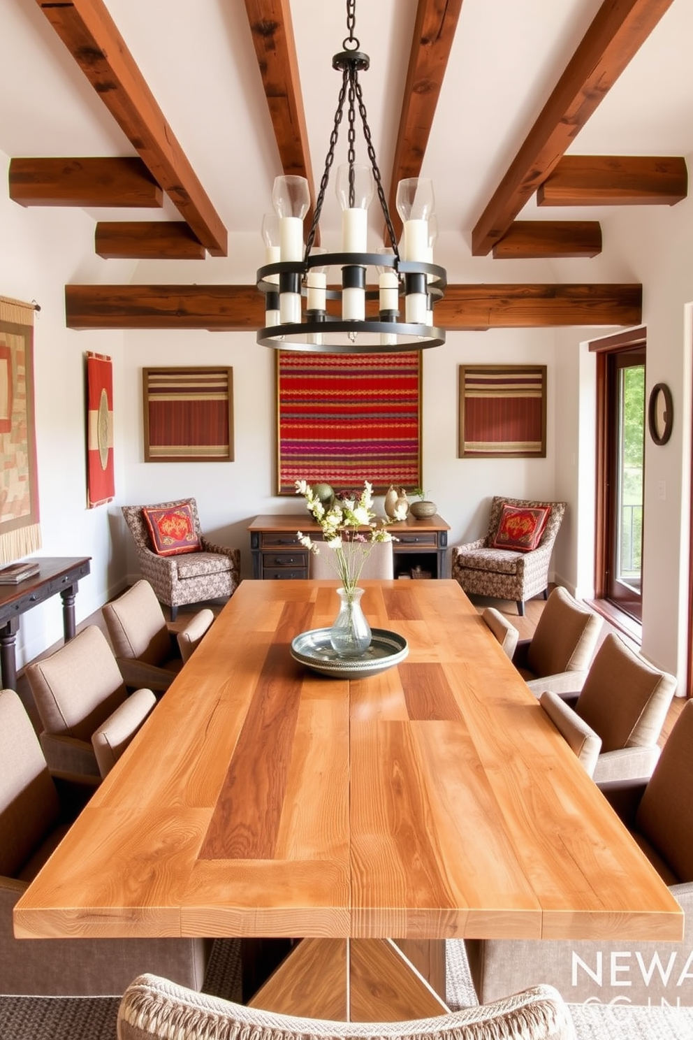 Textured wall hangings add a layer of depth and interest to the space. The dining room features warm earth tones with rustic wooden furniture and vibrant woven textiles. A large wooden dining table is surrounded by mismatched chairs that reflect Southwestern patterns. Soft lighting from a wrought iron chandelier casts a cozy glow over the room, enhancing the inviting atmosphere.