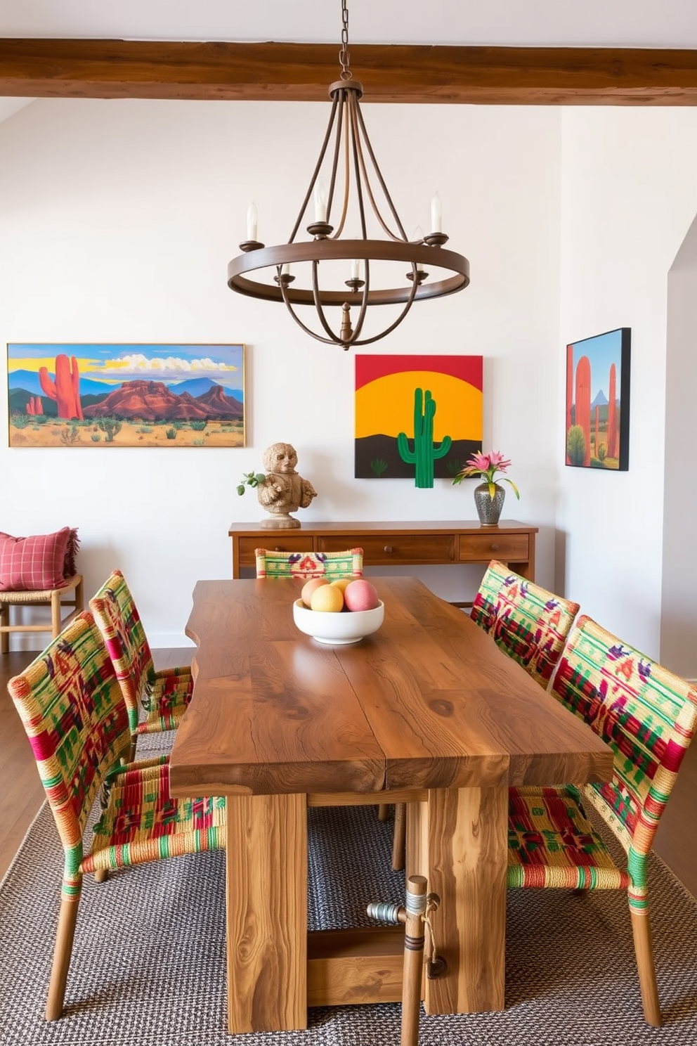 A reclaimed wood dining table serves as the centerpiece of the room, showcasing its natural texture and warmth. Surrounding the table are colorful woven chairs that add a touch of Southwestern flair and comfort. The walls are adorned with vibrant artwork inspired by desert landscapes, featuring bold colors and geometric patterns. A rustic chandelier hangs above the table, casting a warm glow over the inviting dining space.