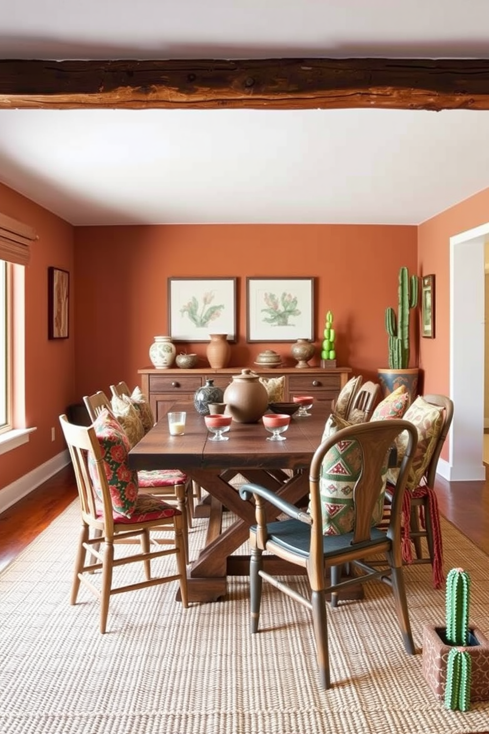 A vibrant Southwestern dining room features a rustic wooden table surrounded by mismatched chairs adorned with colorful accent pillows for comfort. The walls are painted in warm earth tones, and a woven rug adds texture to the space, while decorative pottery and cacti enhance the Southwestern aesthetic.