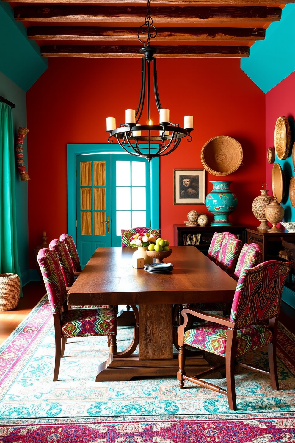 A vibrant Southwestern dining room featuring bold wall colors such as deep terracotta and rich turquoise. The room includes a rustic wooden dining table surrounded by colorful upholstered chairs with intricate patterns. Hanging above the table is a statement chandelier made of wrought iron, casting a warm glow over the space. Decorative elements like woven baskets and ceramic pottery adorn the walls, adding to the room's cultural richness.