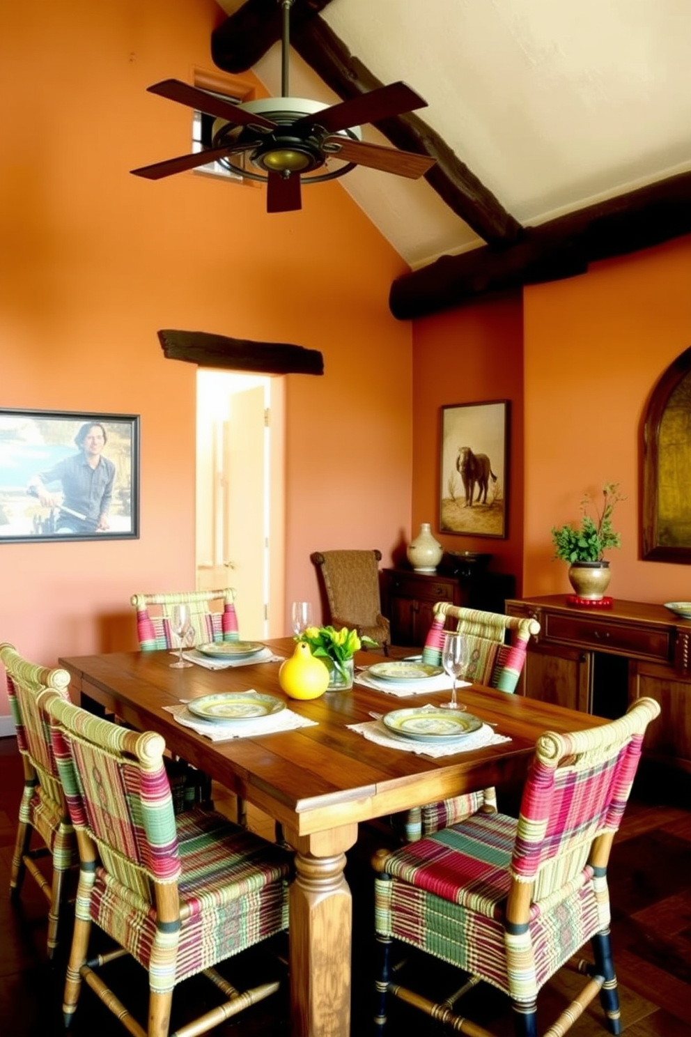 A warm and inviting dining room features a rustic wooden table surrounded by mismatched chairs. Handwoven textiles in vibrant Southwestern patterns serve as table runners, adding a pop of color and texture to the setting. The walls are adorned with earthy tones, complemented by decorative pottery and woven wall hangings. Natural light filters through large windows, highlighting the intricate designs of the textiles and creating a cozy atmosphere.