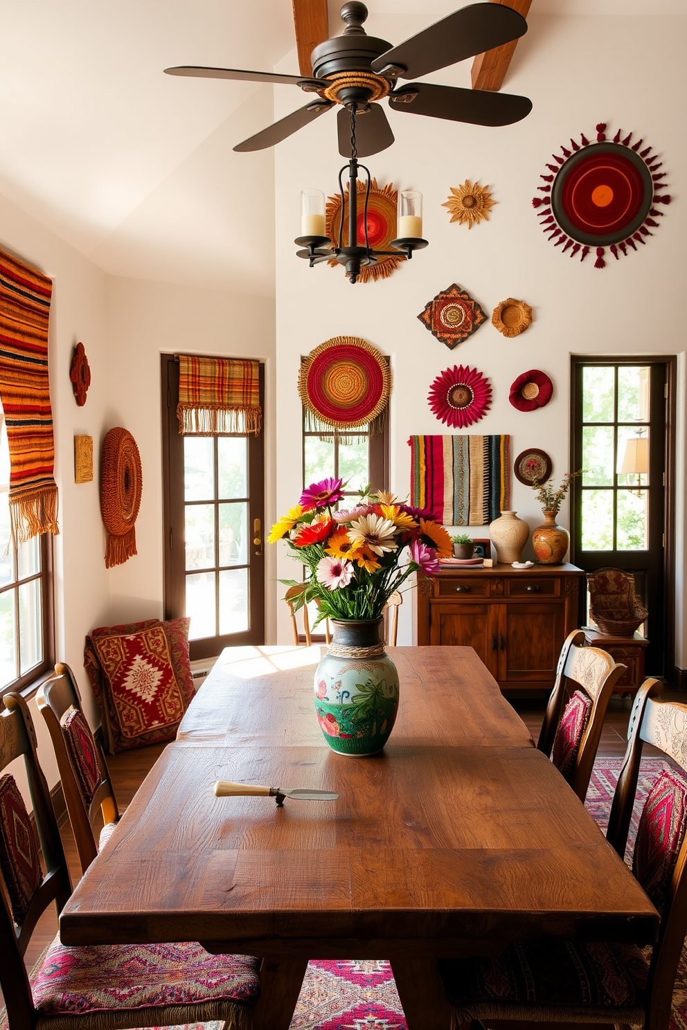 A cozy southwestern dining room adorned with vintage textiles as wall art. The walls feature a collection of colorful woven pieces that bring warmth and character to the space. A rustic wooden dining table sits at the center, surrounded by mismatched chairs with intricate patterns. Natural light pours in through large windows, highlighting a centerpiece of fresh flowers in a hand-painted vase.