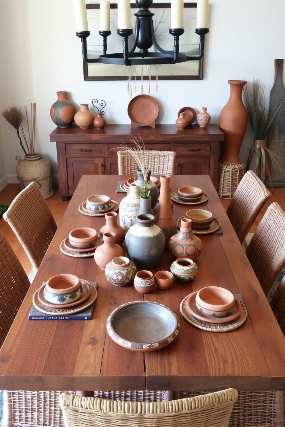 A Southwestern dining room featuring adobe-style walls with textured finishes that evoke a warm and inviting atmosphere. The space is adorned with rustic wooden furniture, including a large dining table surrounded by colorful upholstered chairs that reflect traditional Southwestern patterns.