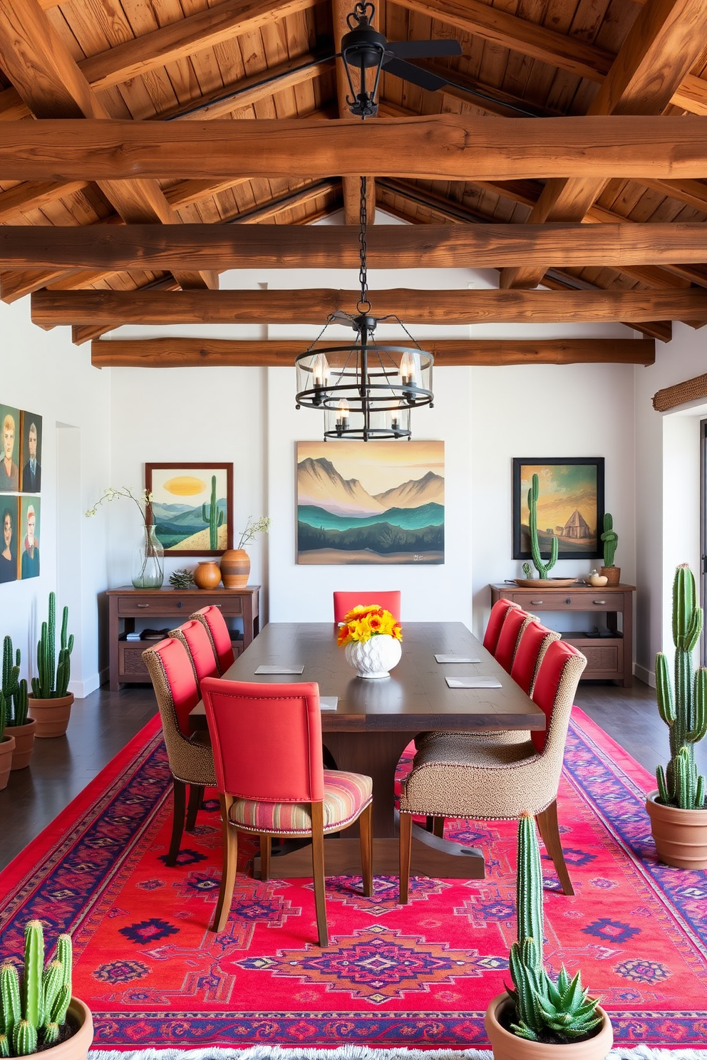 A warm and inviting southwestern dining room features a rustic wooden table surrounded by mismatched chairs. Vintage southwestern pottery is displayed on a sideboard, showcasing vibrant colors and intricate patterns that add character to the space. The walls are adorned with woven textiles that reflect the rich cultural heritage of the region. A statement light fixture made from natural materials hangs above the table, creating a cozy atmosphere for gatherings.