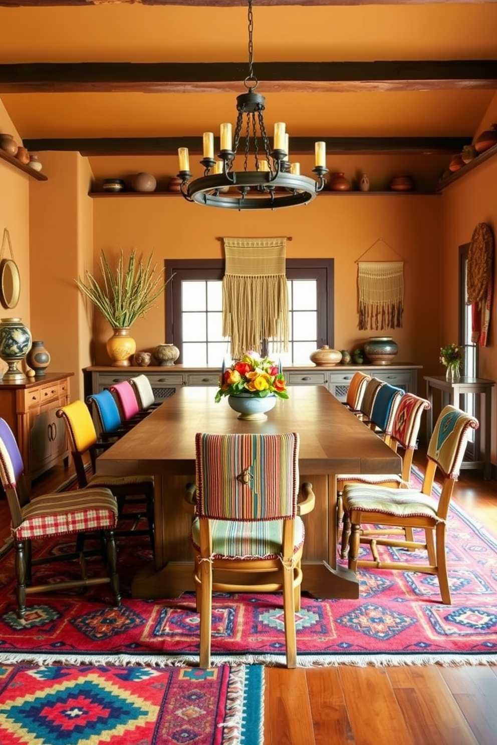 A vibrant Southwestern dining room features a large wooden dining table surrounded by mismatched chairs with colorful upholstery. The floor is adorned with bold geometric patterned rugs that add warmth and texture to the space. The walls are painted in earthy tones, complemented by decorative pottery and woven wall hangings. A statement chandelier with rustic charm hangs above the table, casting a warm glow during mealtimes.