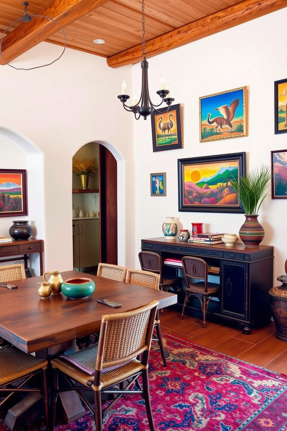 A spacious dining room featuring large pendant lights made of wrought iron hangs elegantly above a rustic wooden dining table. The walls are adorned with warm earth tones, and colorful Southwestern textiles add a vibrant touch to the space.