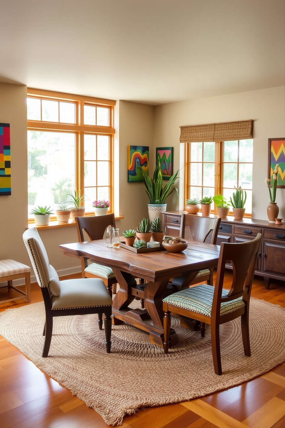 A vibrant Southwestern dining room features a rustic wooden table surrounded by colorful woven chairs. Succulent plants in various sizes are arranged as eye-catching centerpieces, adding a touch of greenery and texture to the decor. The walls are adorned with earthy tones, complemented by decorative pottery and textiles that reflect the Southwestern aesthetic. Natural light floods the space through large windows, enhancing the warm and inviting atmosphere.