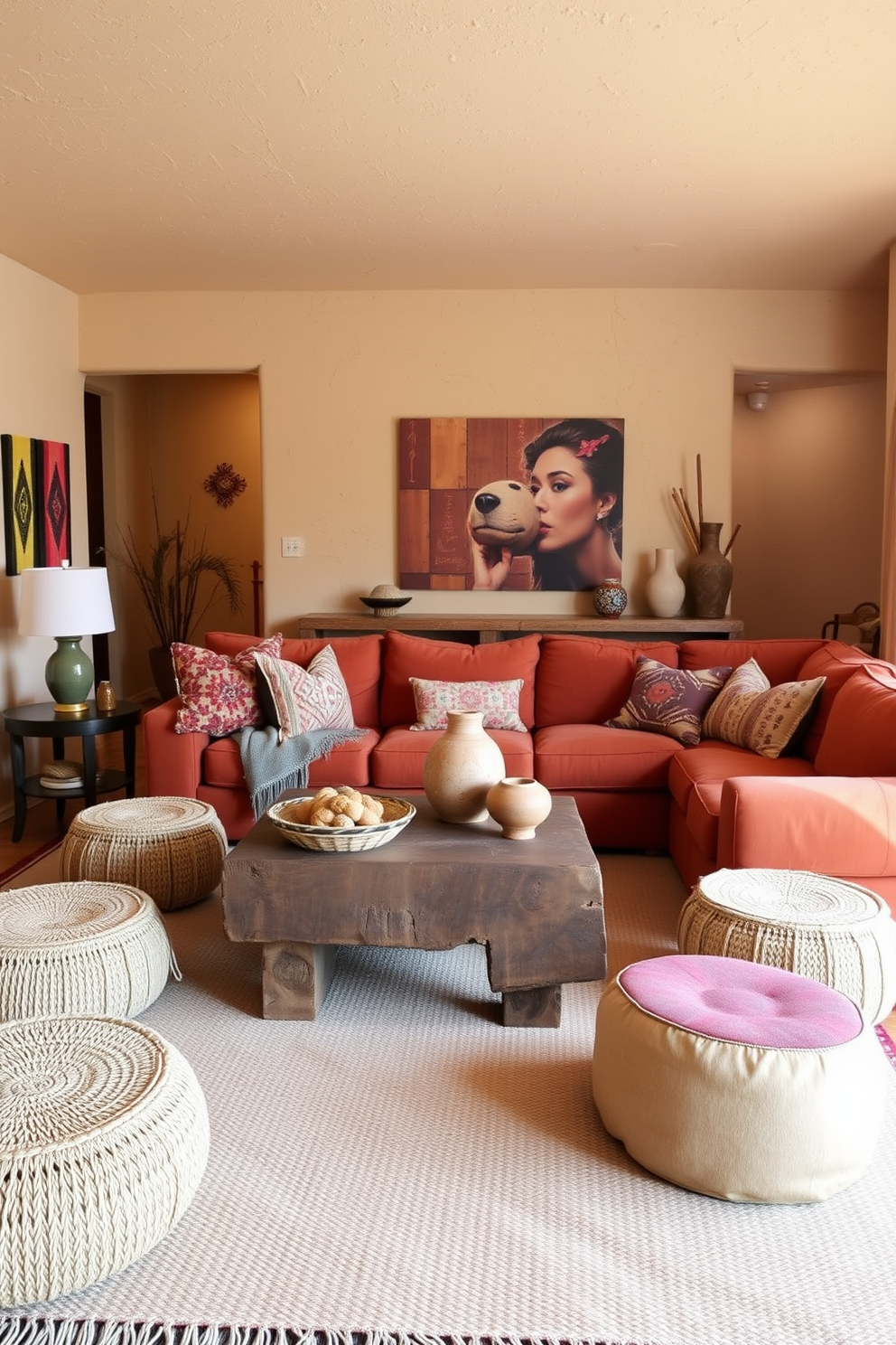 A cozy family room featuring warm earthy tones that create a welcoming atmosphere. The walls are adorned with textured beige paint, while a large, plush sofa in rich terracotta invites relaxation. A rustic wooden coffee table sits at the center, surrounded by woven poufs for additional seating. Decorative accents include vibrant Southwestern textiles and pottery that add character to the space.