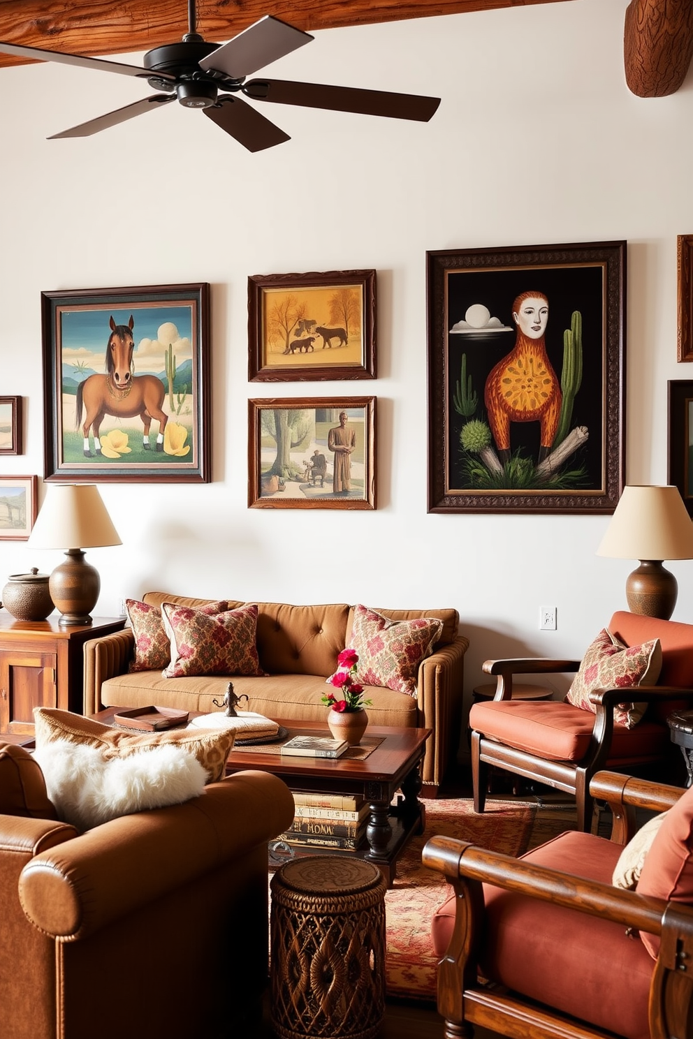 A cozy family room featuring vintage southwestern art adorning the walls. The space is filled with warm earthy tones, complemented by rustic wooden furniture and plush seating arrangements.