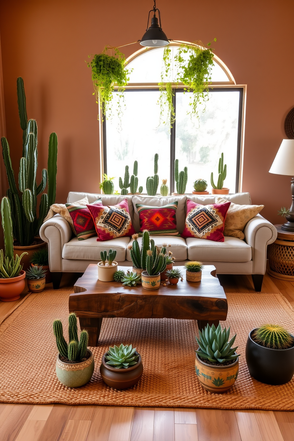 A warm and inviting family room featuring a mix of cacti and succulents arranged in decorative pots. The walls are adorned with earthy tones, and a large window allows natural light to fill the space, highlighting the vibrant greenery. A cozy seating area includes a plush sofa in a neutral fabric, accented with colorful throw pillows inspired by Southwestern patterns. A rustic coffee table made of reclaimed wood sits in the center, surrounded by woven rugs that add texture to the room.