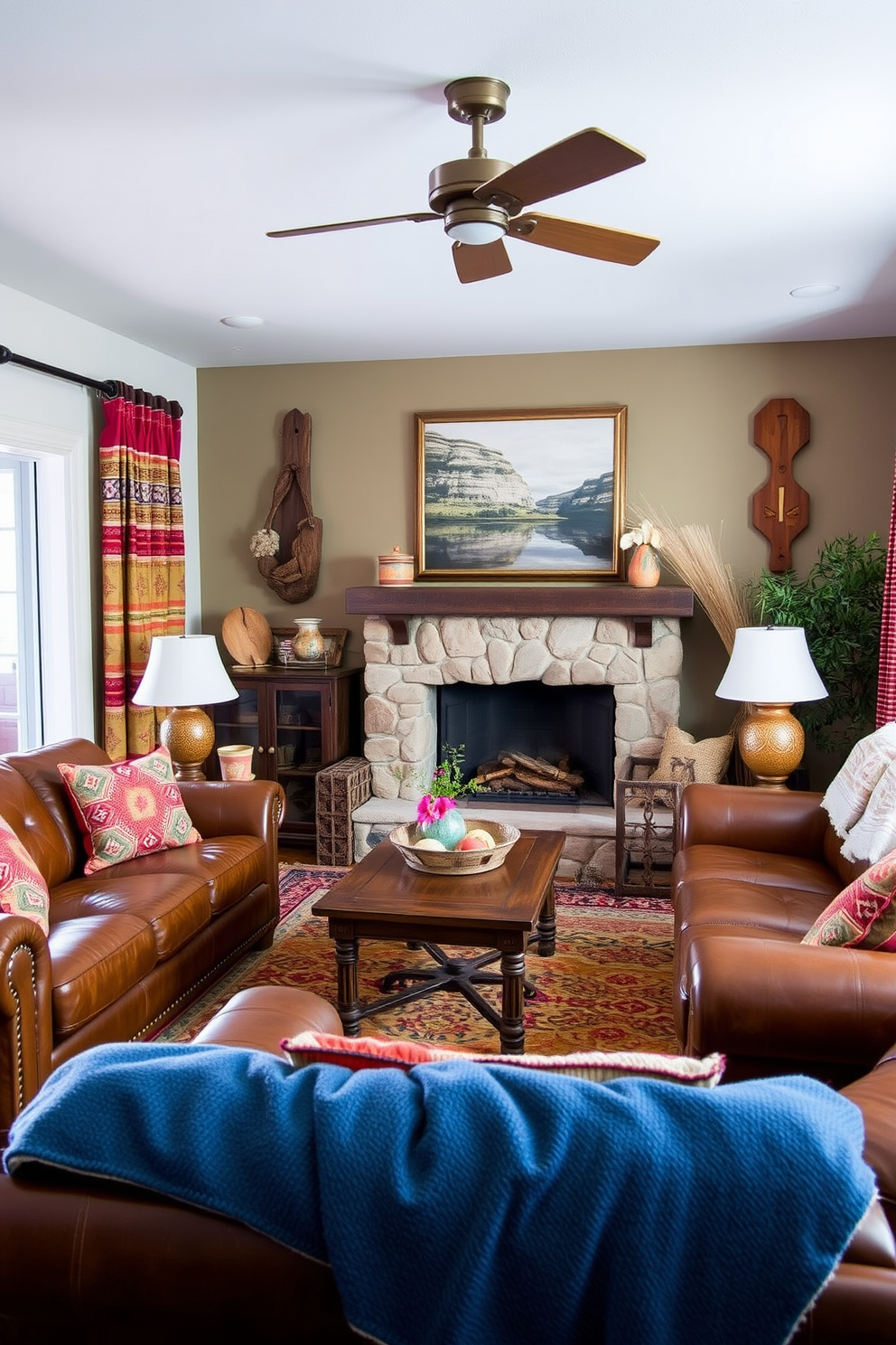 A cozy family room featuring leather furniture that combines durability with style. The space is adorned with Southwestern-inspired decor, including vibrant textiles and earthy tones.