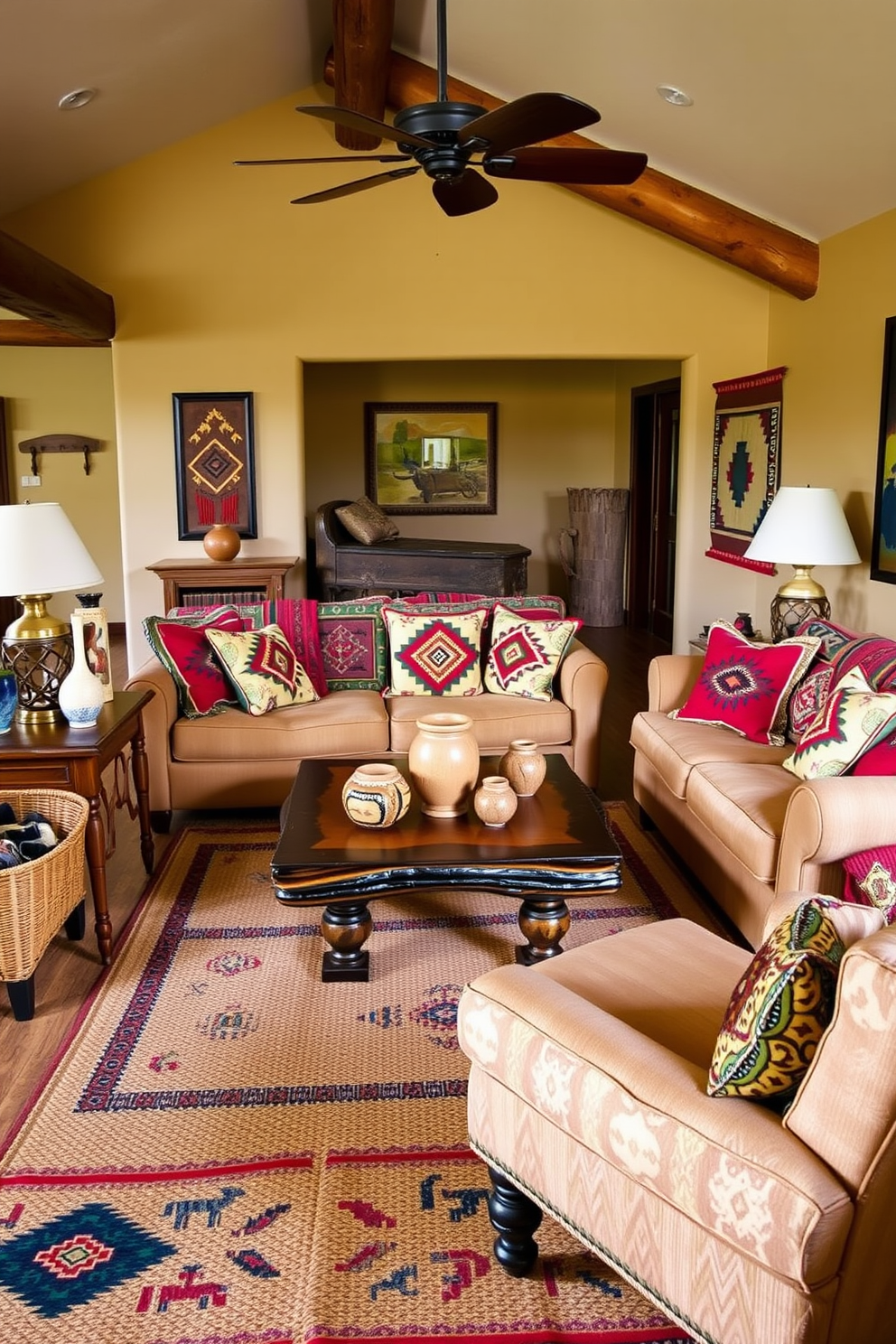 A warm and inviting family room designed in Southwestern style. The space features a large, plush sofa adorned with Native American textiles, showcasing vibrant colors and intricate patterns. A rustic wooden coffee table sits in the center, surrounded by woven baskets and decorative pottery. The walls are adorned with artwork inspired by Native American culture, complemented by earthy tones and natural materials throughout the room.