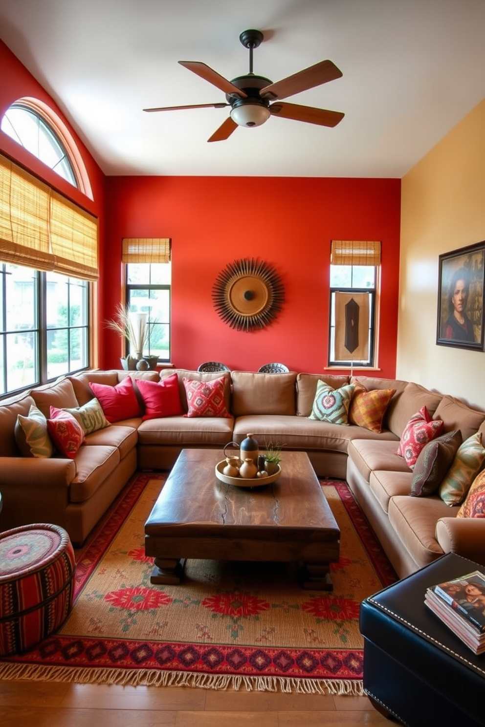 A cozy family room featuring bold accent walls in warm hues like terracotta and deep red. The space includes a large, comfortable sectional sofa adorned with colorful throw pillows and a rustic wooden coffee table at the center. Natural light floods the room through large windows framed with woven shades. Southwestern-inspired decor elements such as a handwoven rug and Native American art pieces add character and warmth to the atmosphere.