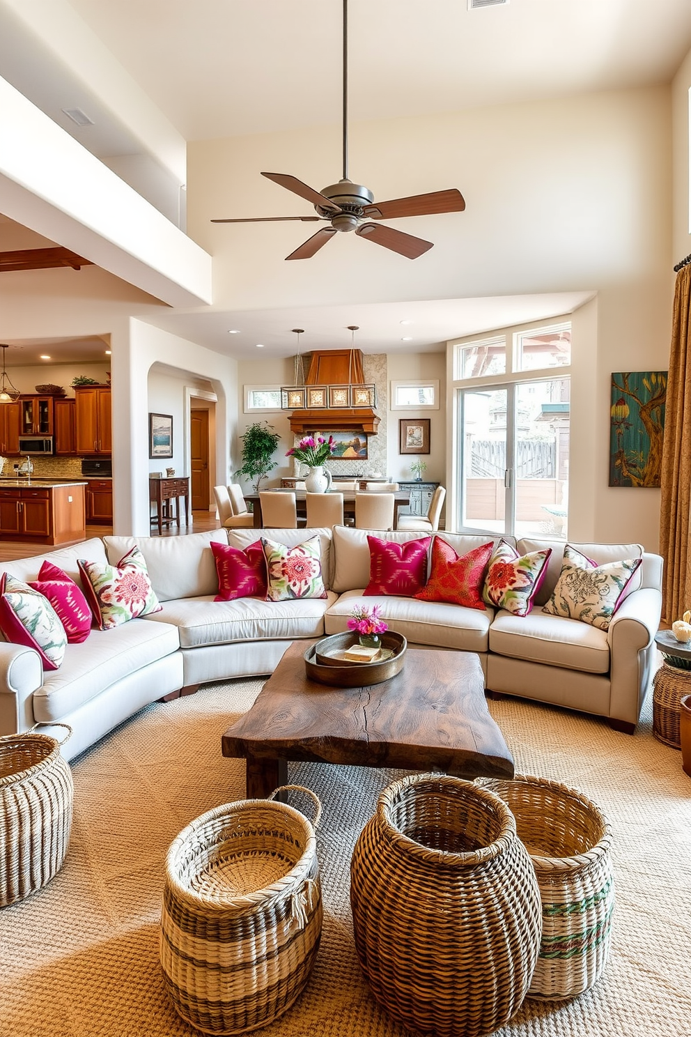 A bright and airy family room featuring an open floor plan that seamlessly connects to the kitchen and dining area. The space is adorned with earthy tones and textured fabrics, creating a warm and inviting atmosphere. A large sectional sofa in a neutral color is complemented by colorful throw pillows inspired by Southwestern patterns. A rustic wooden coffee table sits in the center, surrounded by woven baskets and vibrant artwork that reflects the region's culture.