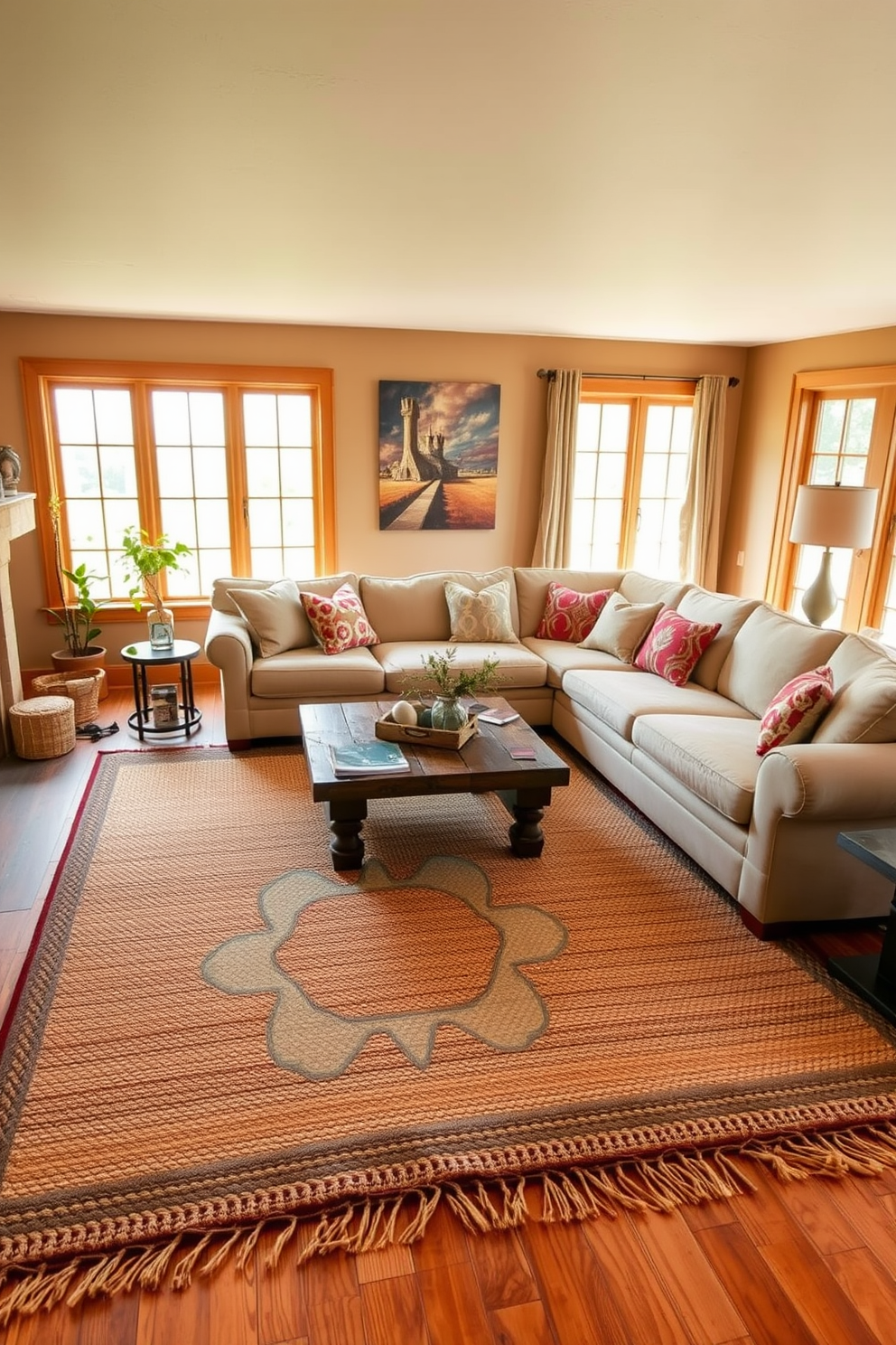 A cozy family room featuring natural fiber rugs that add warmth underfoot. The space includes a large sectional sofa adorned with colorful throw pillows and a rustic coffee table made from reclaimed wood. The walls are painted in soft earth tones, complementing the warm hues of the rugs. Large windows allow natural light to flood the room, enhancing the inviting atmosphere.