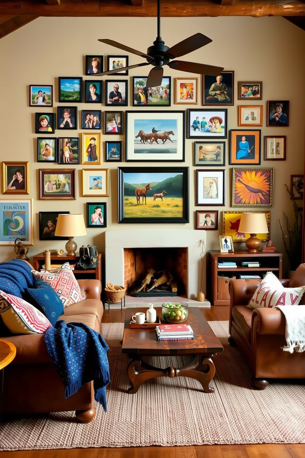 A cozy Southwestern family room features a gallery wall adorned with a mix of family photos and vibrant artwork. The room is filled with warm earth tones, rustic wooden furniture, and plush textiles that invite relaxation and connection.