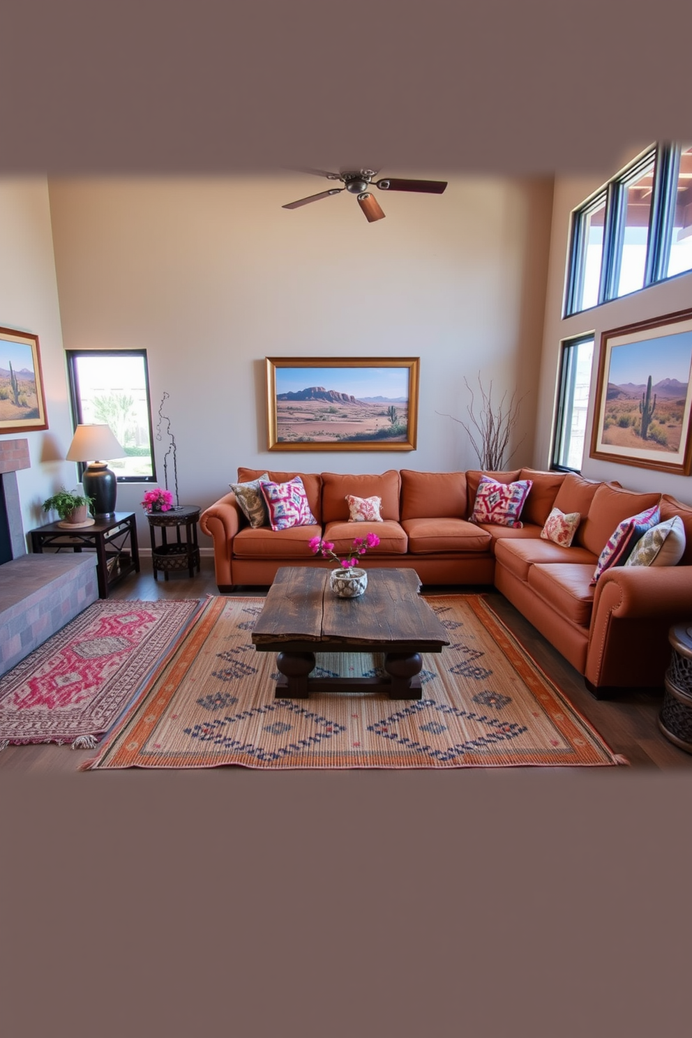 A cozy Southwestern family room features a large sectional sofa upholstered in warm earth tones with colorful accent pillows. A rustic wooden coffee table sits in the center, surrounded by woven area rugs that add texture to the space. On the walls, framed artwork depicting desert landscapes complements the overall theme. Large windows allow natural light to flood the room, enhancing the inviting atmosphere.