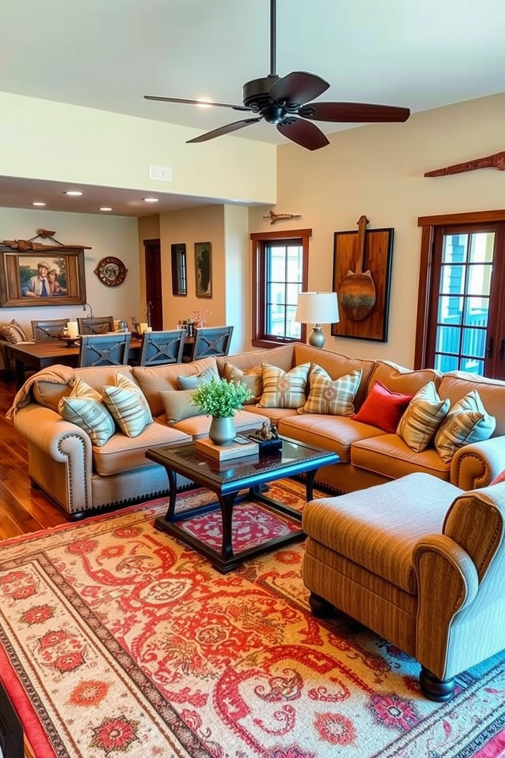 A cozy family room designed in a Southwestern style features a large, inviting sectional sofa adorned with layered textiles in warm earth tones. The walls are decorated with rustic wooden accents, and a patterned area rug anchors the seating area, enhancing the overall warmth of the space.