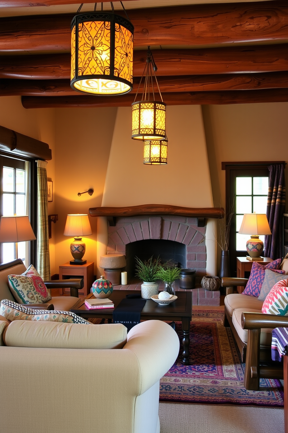 A cozy southwestern family room featuring decorative lanterns that provide warm ambient lighting. The room is adorned with earthy tones, rustic wooden furniture, and vibrant textiles that reflect the cultural heritage of the Southwest.