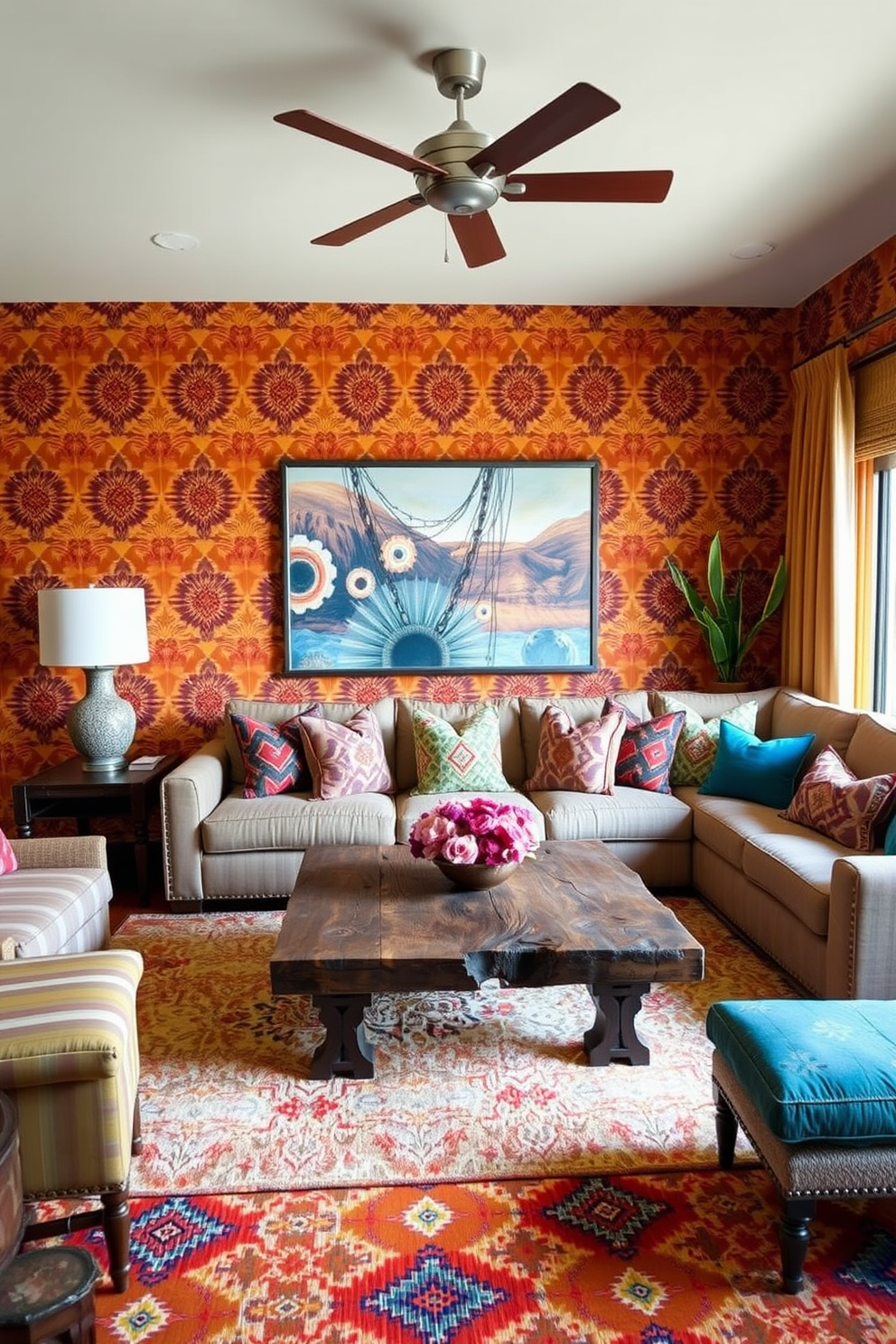 A vibrant Southwestern family room featuring bold, geometric wallpaper that showcases warm earth tones and intricate patterns. The room is furnished with a large, comfortable sectional sofa adorned with colorful throw pillows and a rustic wooden coffee table at the center.