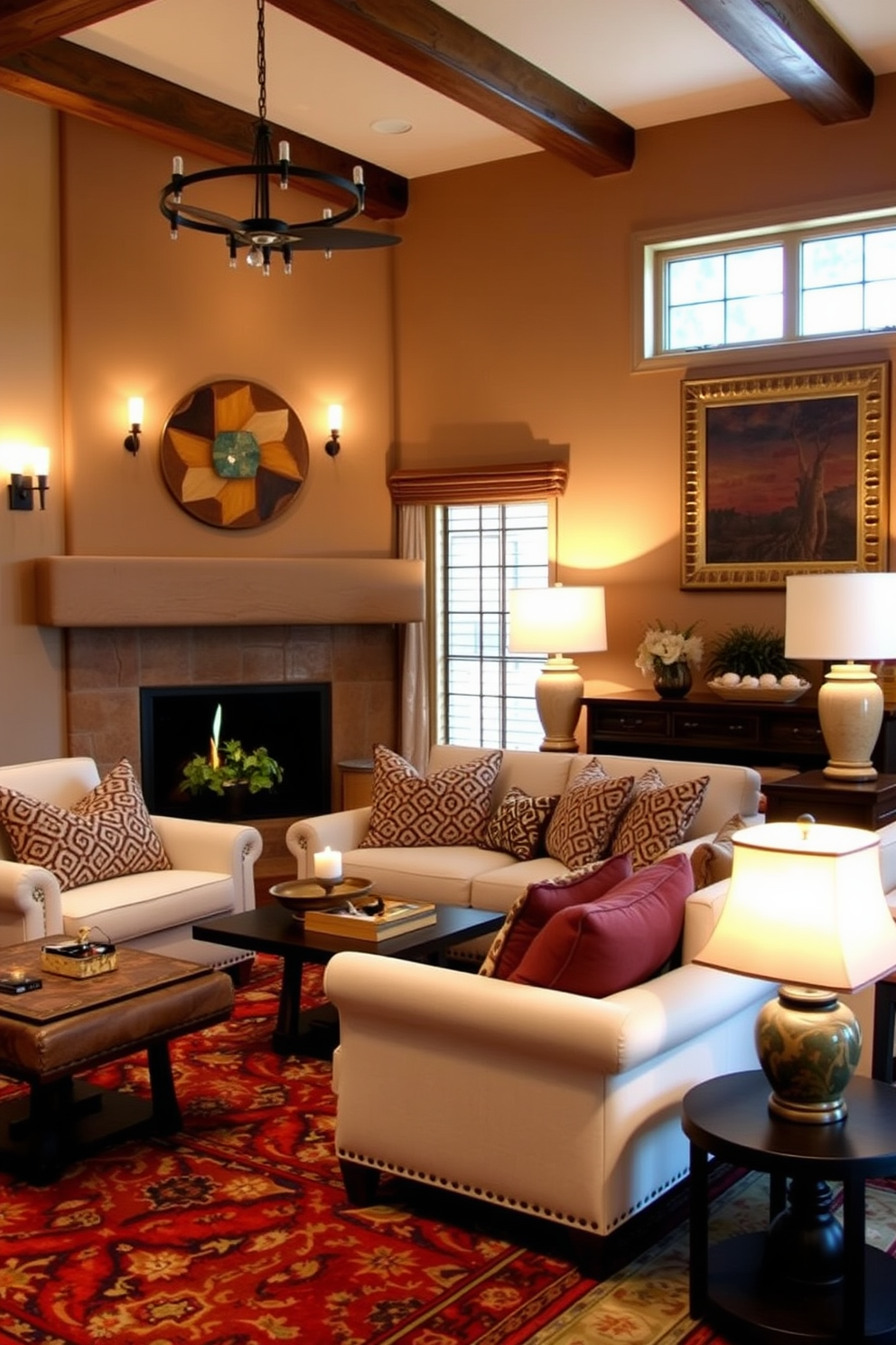 A cozy Southwestern family room features layered lighting with stylish sconces and warm table lamps strategically placed around the space. The walls are adorned with earthy tones, and a large area rug with vibrant patterns anchors the seating area.