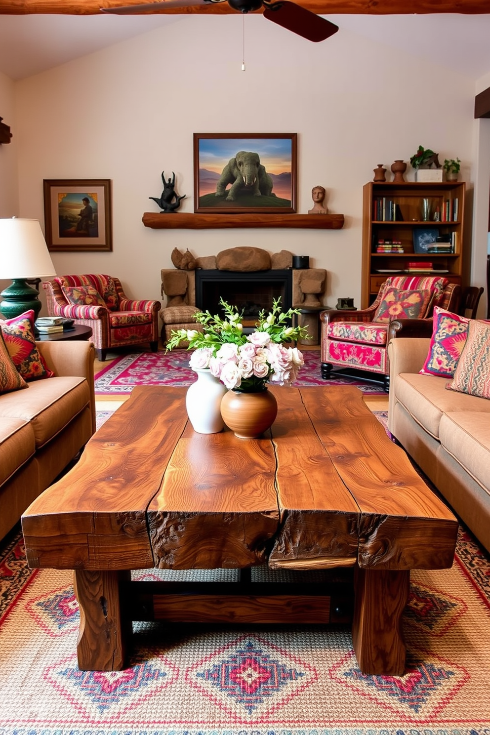 A cozy Southwestern family room featuring a rustic coffee table made from reclaimed wood. The table is surrounded by comfortable seating with colorful woven textiles and earthy tones, creating a warm and inviting atmosphere.