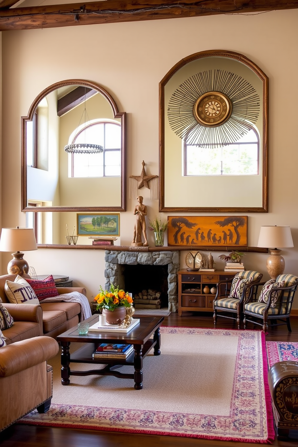 A spacious family room featuring large decorative mirrors that reflect natural light and create an inviting atmosphere. The room is adorned with earthy tones and rustic wooden furniture, complemented by vibrant Southwestern textiles and artwork.