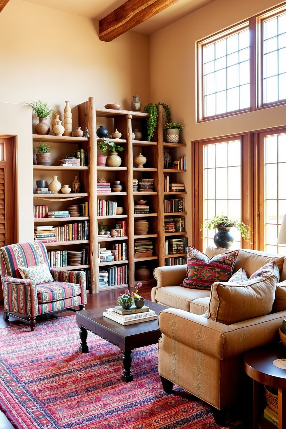 A cozy Southwestern-themed family room features bookshelves made of rustic wood, adorned with colorful woven textiles and native pottery. The shelves are filled with an array of books, plants, and decorative items that reflect the rich culture of the Southwest. The room is designed with warm earth tones, complemented by a large, inviting sofa and accent chairs upholstered in vibrant patterns. A handwoven rug anchors the space, while natural light pours in through large windows framed by wooden shutters.