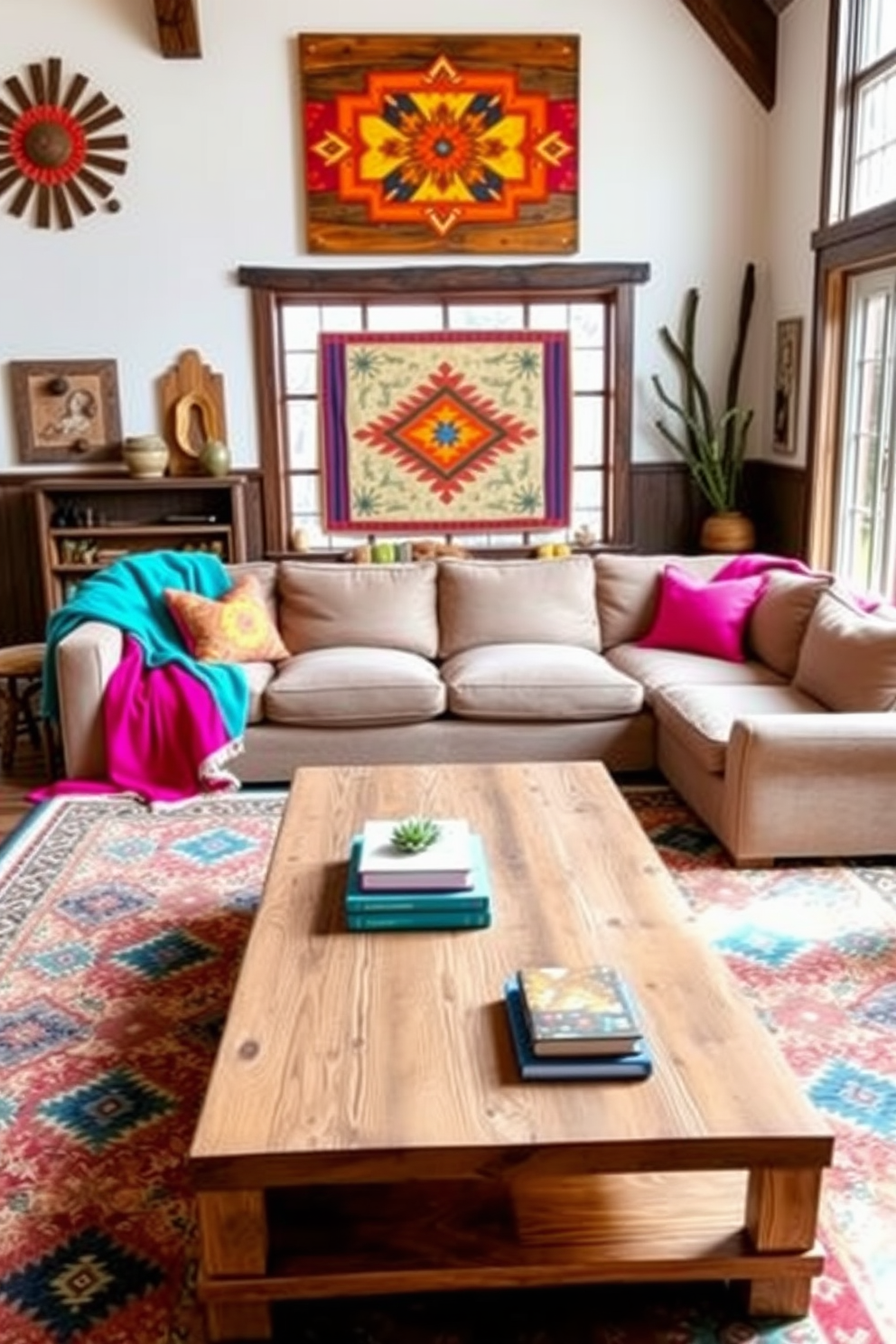 Brightly colored throws are draped over a plush sectional sofa, adding warmth and vibrancy to the space. The walls are adorned with rustic wooden accents and Southwestern artwork, creating a welcoming family room atmosphere. A large area rug with geometric patterns anchors the seating area, while a wooden coffee table sits at the center, topped with decorative books and a small succulent. Natural light floods the room through large windows, enhancing the cheerful color palette and inviting family gatherings.