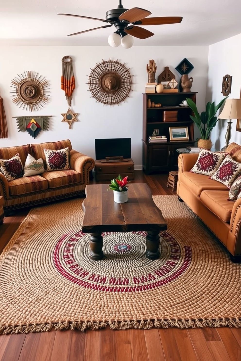 A cozy family room adorned with vintage southwestern decor. The space features a large, woven area rug with earthy tones, complemented by a rustic wooden coffee table at the center. Plush, patterned sofas in warm hues create an inviting seating arrangement. Decorative throw pillows with tribal patterns add a touch of authenticity to the overall design.