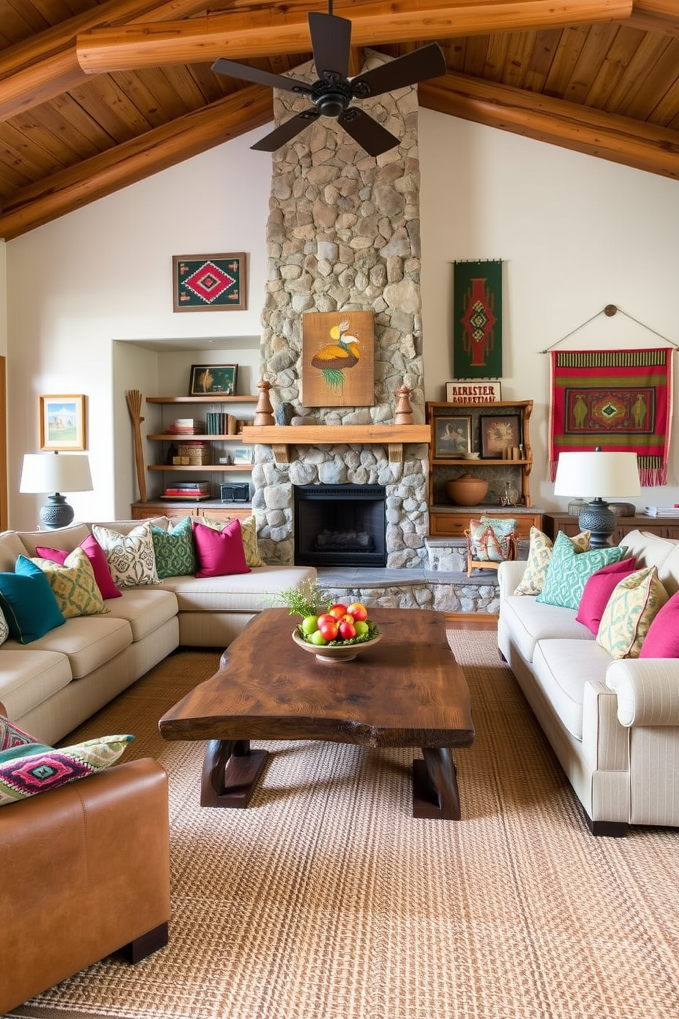 A cozy family room featuring natural wood accents that create warmth and style. The room includes a large sectional sofa adorned with colorful throw pillows and a rustic coffee table made from reclaimed wood. The walls are decorated with Southwestern-inspired art and textiles, adding vibrant colors and patterns to the space. A stone fireplace serves as the focal point, surrounded by comfortable seating and a woven area rug that ties the room together.