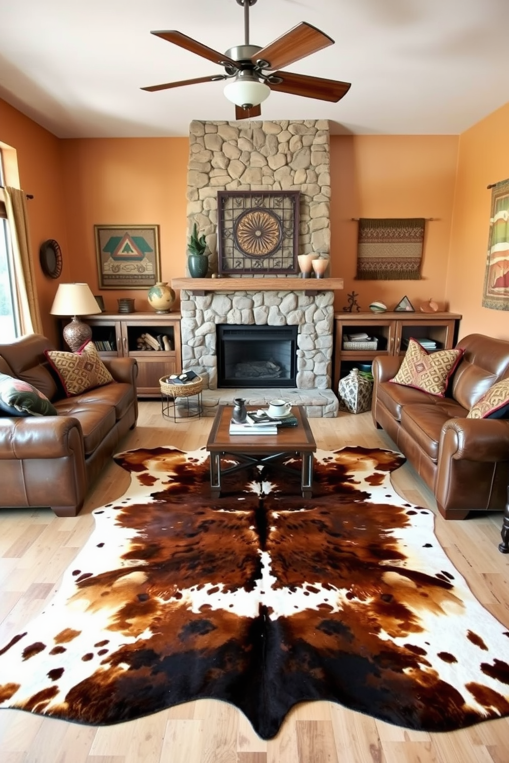 A cozy family room featuring a large cowhide rug that adds rustic charm to the space. The room is adorned with warm earth tones, complemented by comfortable leather sofas and wooden accents. The walls are decorated with Southwestern-inspired artwork and woven textiles that enhance the cultural aesthetic. A stone fireplace serves as the focal point, creating a welcoming atmosphere for family gatherings.