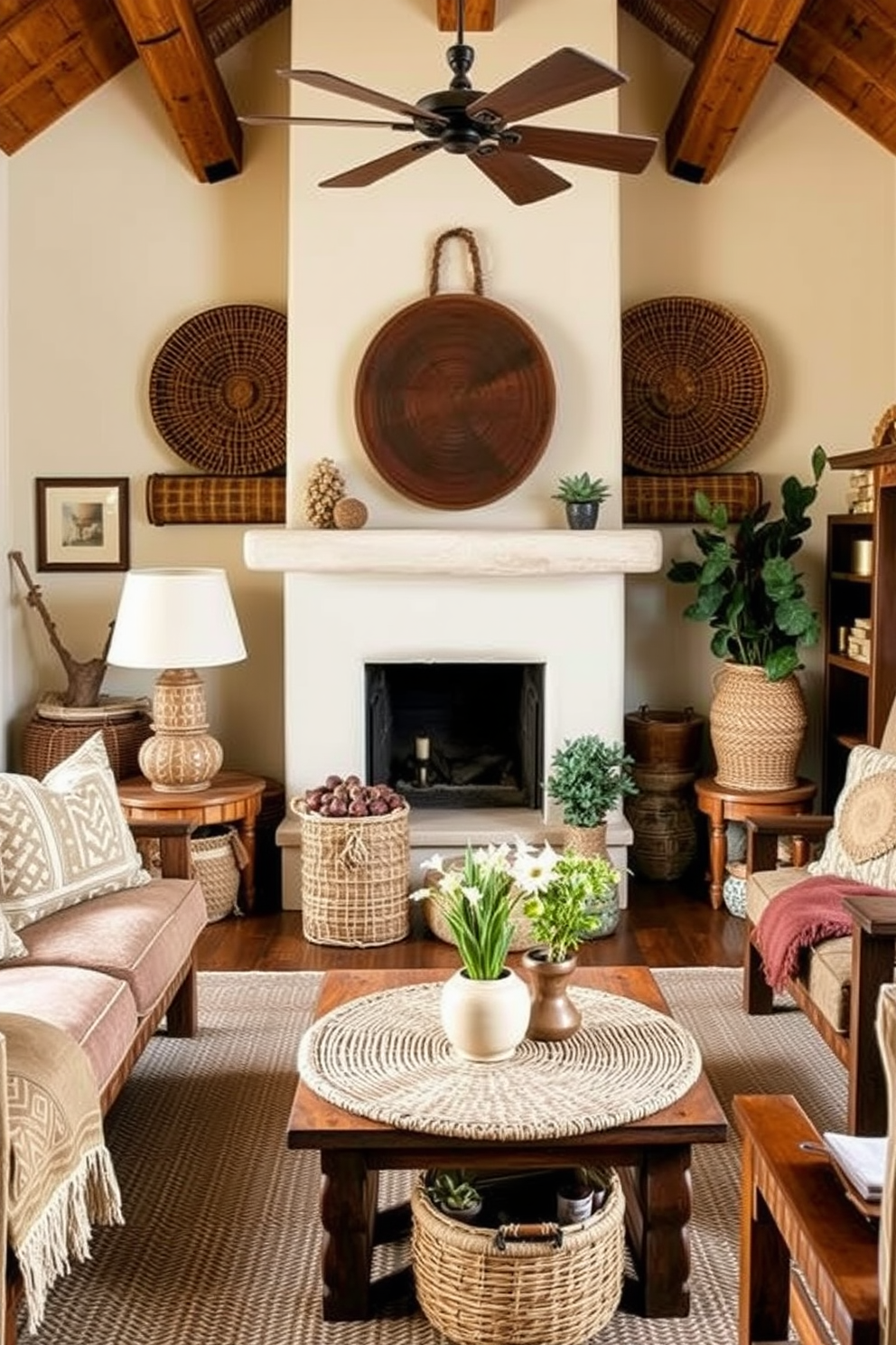 A cozy Southwestern family room featuring woven baskets as natural storage solutions. The room is adorned with earthy tones, textured fabrics, and rustic wooden furniture to create a warm and inviting atmosphere.