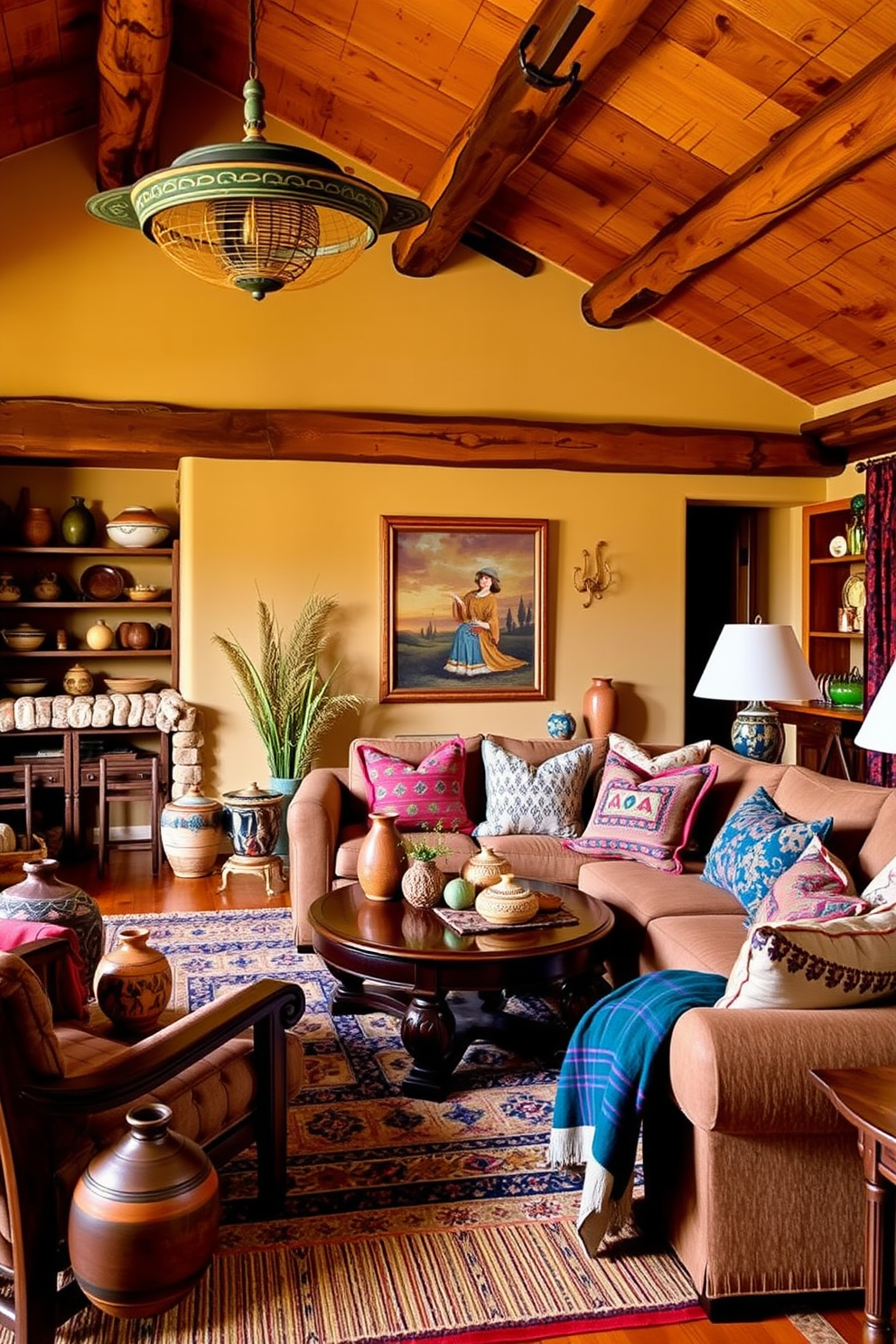 A cozy Southwestern family room featuring handcrafted pottery as decorative accents. The room is filled with warm earthy tones, rustic wooden beams, and a large, inviting sectional sofa adorned with colorful textiles.