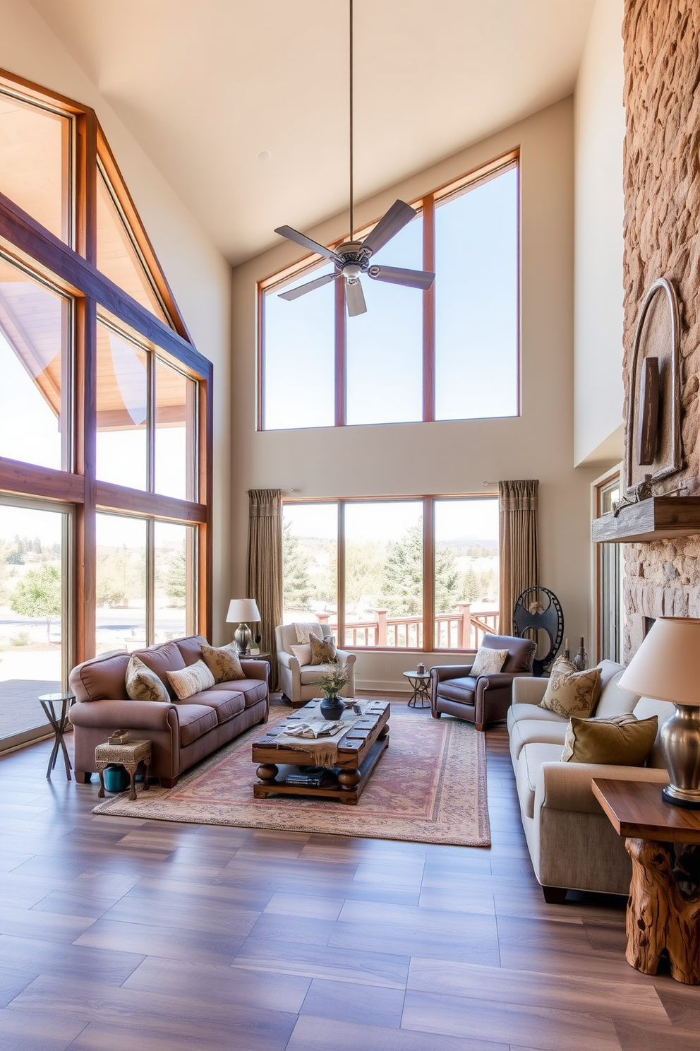 A spacious family room with large windows allowing abundant natural light to flood the space. The decor features earthy tones, comfortable seating, and rustic wooden accents that reflect Southwestern style.