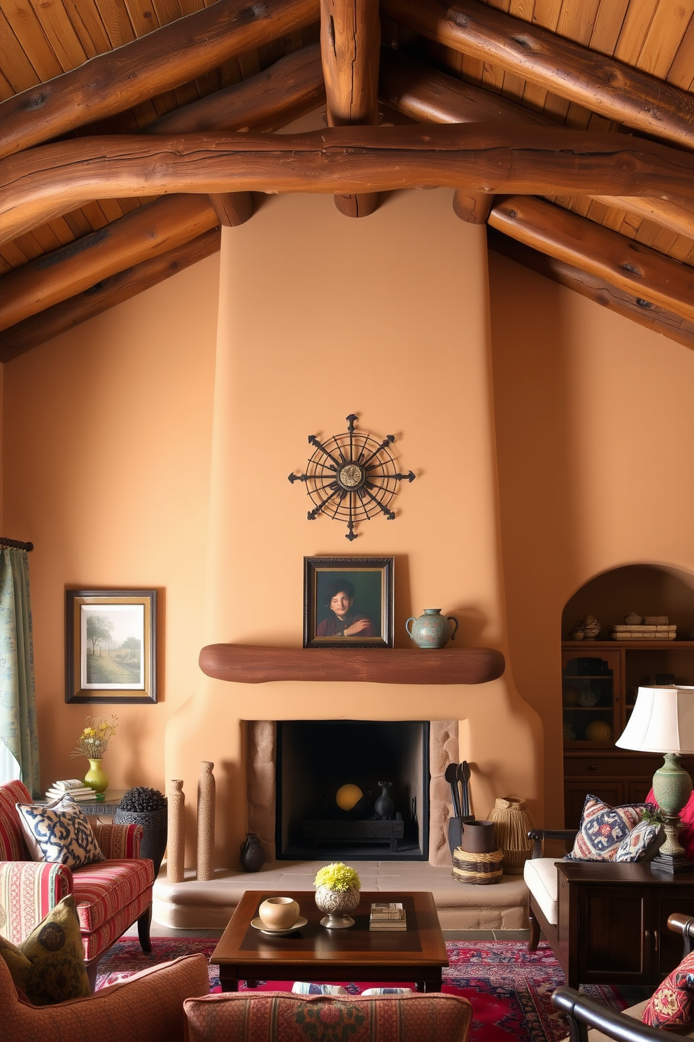 A cozy Southwestern family room features an adobe-style fireplace as the focal point, surrounded by rustic wooden beams on the ceiling. The walls are adorned with warm earth tones, complemented by vibrant textiles and handcrafted furniture that reflect the region's rich culture.