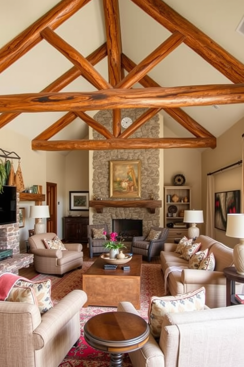 A cozy family room featuring rustic wooden beams that add architectural interest to the space. The room is decorated with earthy tones, comfortable seating, and Southwestern-inspired textiles to create a warm and inviting atmosphere.