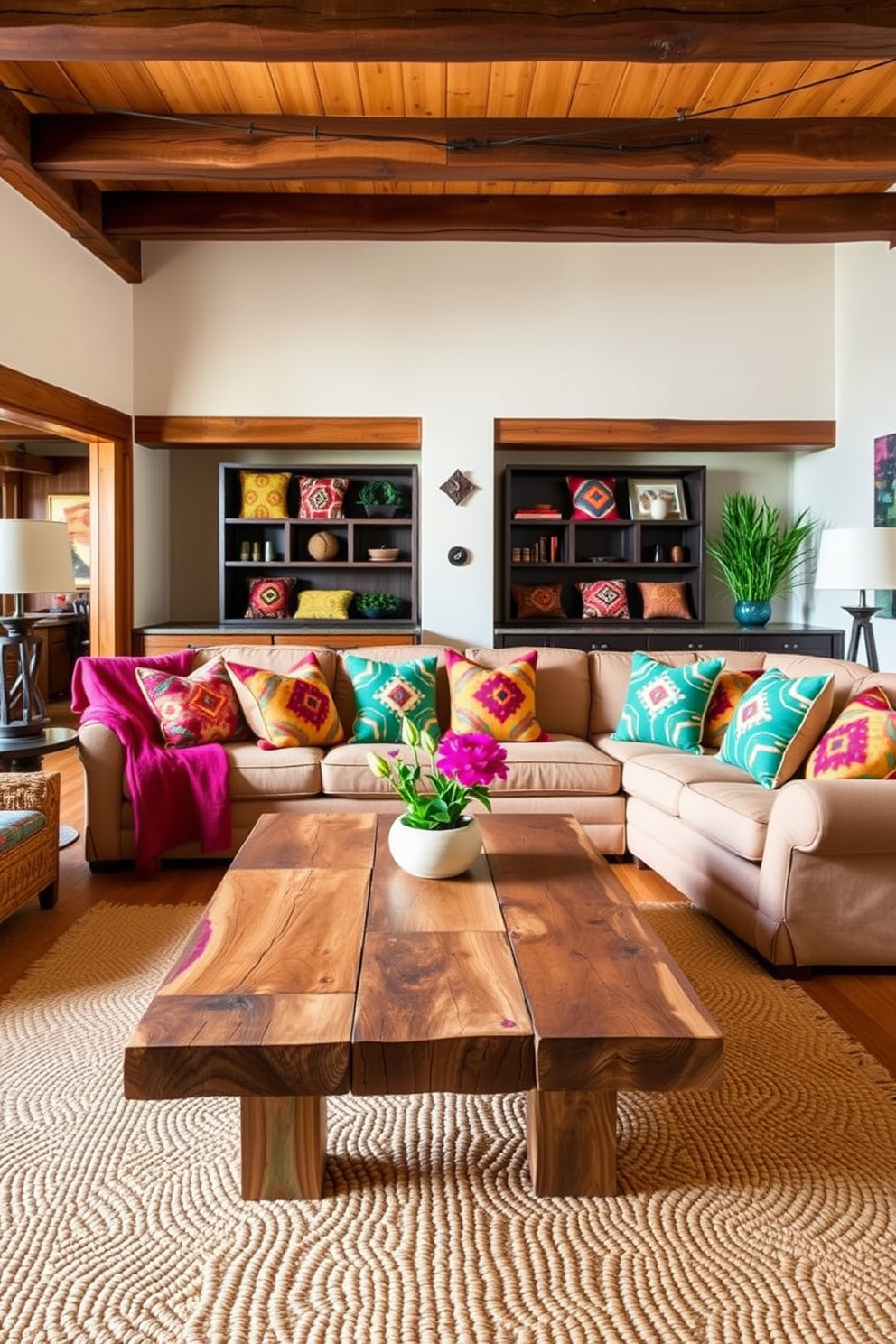 A vibrant family room showcasing colorful southwestern patterns in throw pillows. The space features a large, comfortable sectional sofa adorned with a mix of bold geometric prints and earthy tones. Rustic wooden beams line the ceiling, adding warmth to the room. A handcrafted coffee table made from reclaimed wood sits at the center, surrounded by woven area rugs that complement the vibrant decor.