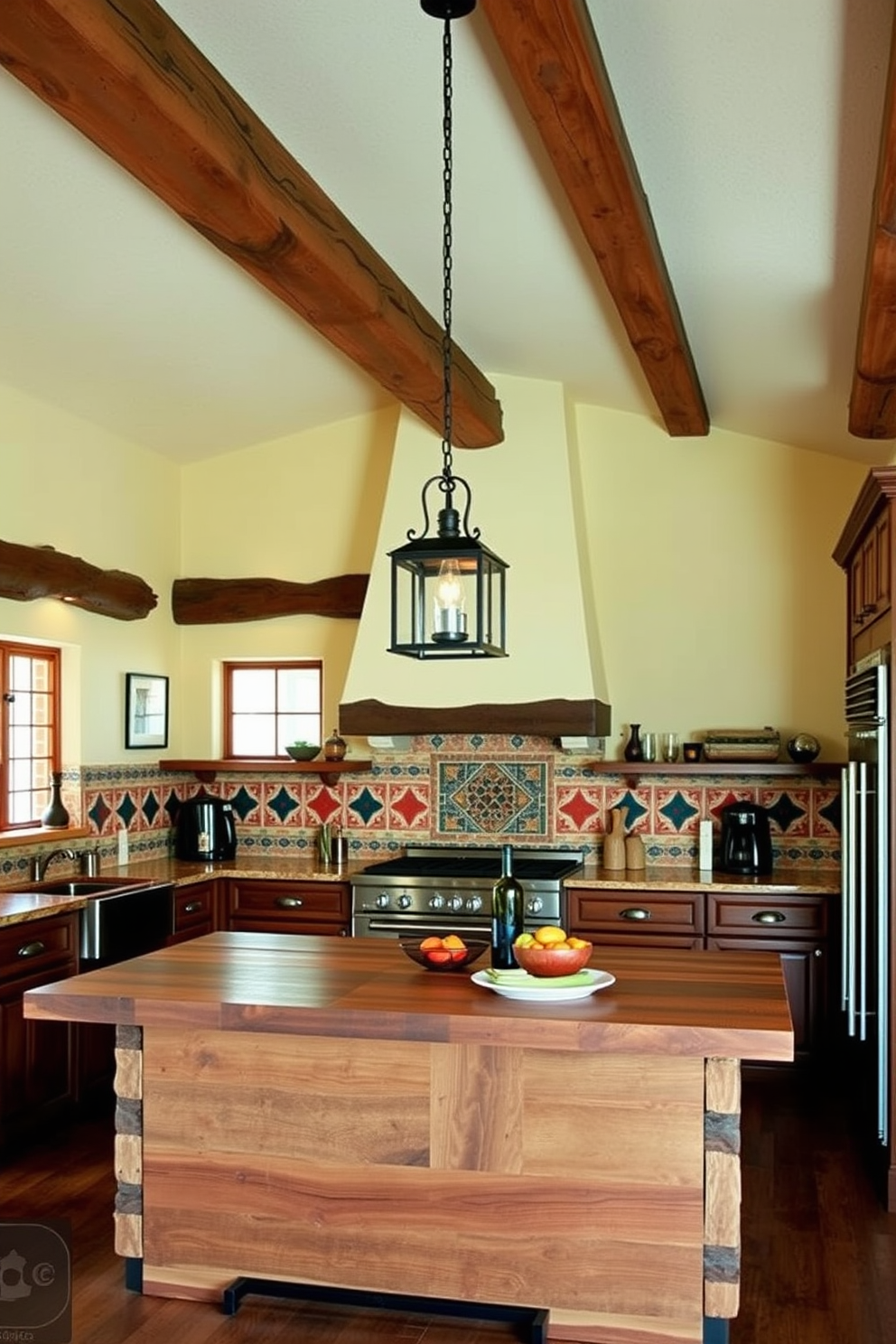 A warm and inviting Southwestern kitchen features rustic wood beams stretching across the ceiling, adding character and charm. The walls are adorned with colorful tile accents that reflect the vibrant culture of the Southwest, creating a lively and cheerful atmosphere. The kitchen island is crafted from reclaimed wood, complementing the rustic theme while providing ample space for meal preparation. Pendant lights with a wrought iron finish hang above the island, casting a warm glow over the cooking area.