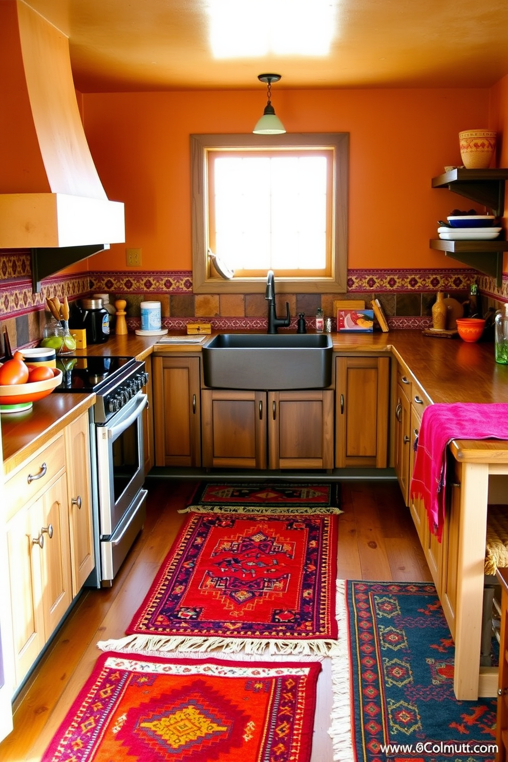 A vibrant Southwestern kitchen filled with warm earthy tones. Colorful area rugs in rich reds and oranges are layered on a rustic wooden floor, enhancing the cozy atmosphere. The kitchen features adobe-style cabinetry with intricate tile backsplashes. A large farmhouse sink sits beneath a window, allowing natural light to illuminate the space.