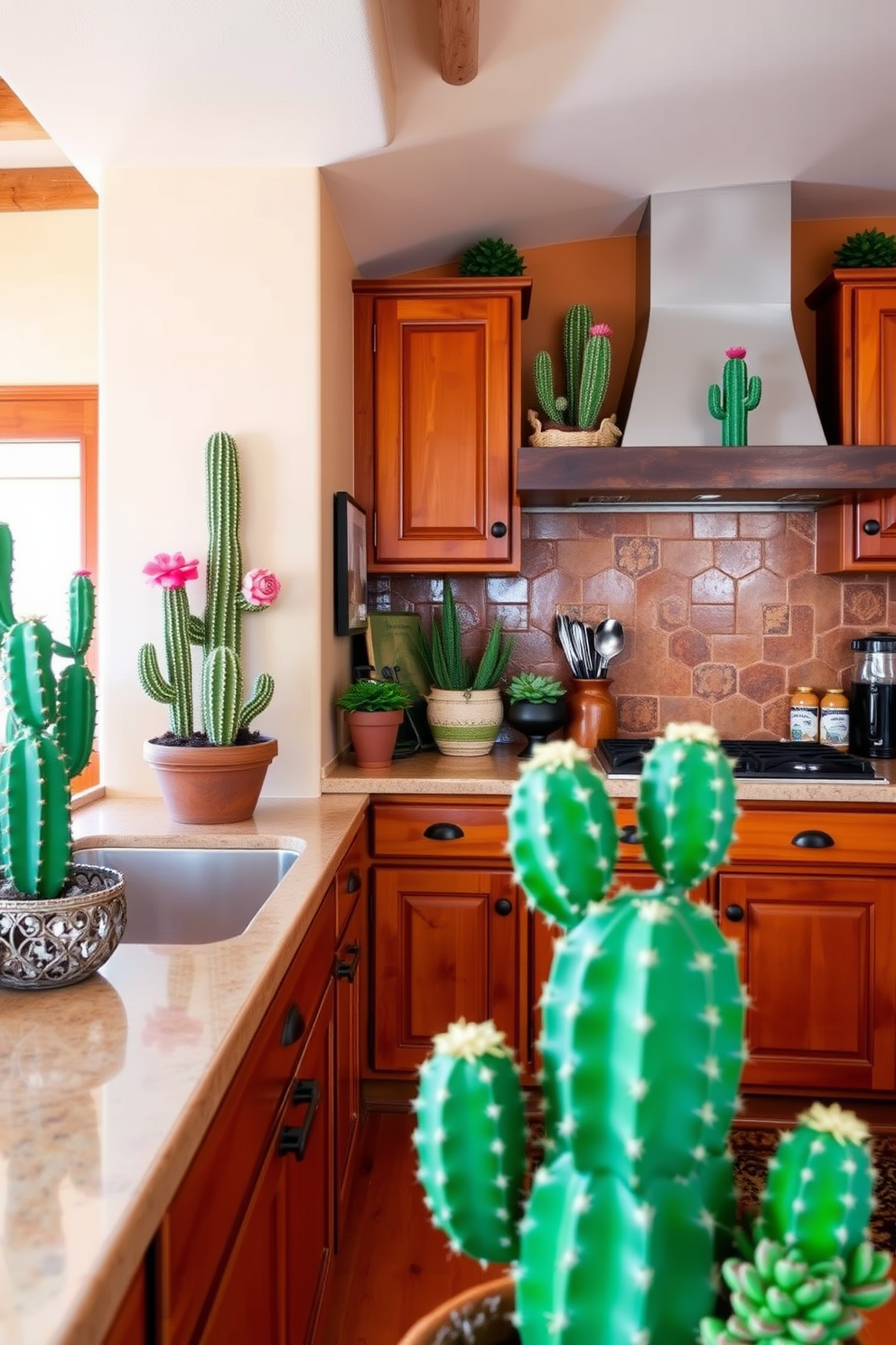 A cozy Southwestern kitchen featuring a large wooden dining table surrounded by colorful chairs. The walls are adorned with vibrant Southwestern rugs showcasing bold patterns, adding warmth and character to the space. The kitchen island is topped with a rustic wooden surface, complemented by wrought iron bar stools. Decorative elements include ceramic pots and cacti, enhancing the Southwestern aesthetic throughout the kitchen.