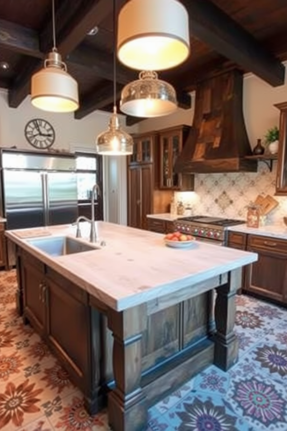 Hanging pendant lights illuminate a spacious kitchen island with a rustic wood finish. The island is surrounded by colorful tiles featuring traditional Southwestern patterns, adding warmth and character to the space.