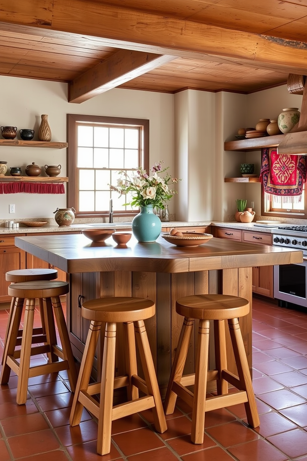 Rustic wooden stools with a natural finish are arranged around a large kitchen island made of reclaimed wood. The kitchen features warm earth tones with terracotta tiles, open shelving displaying handcrafted pottery, and vibrant southwestern textiles adorning the windows.