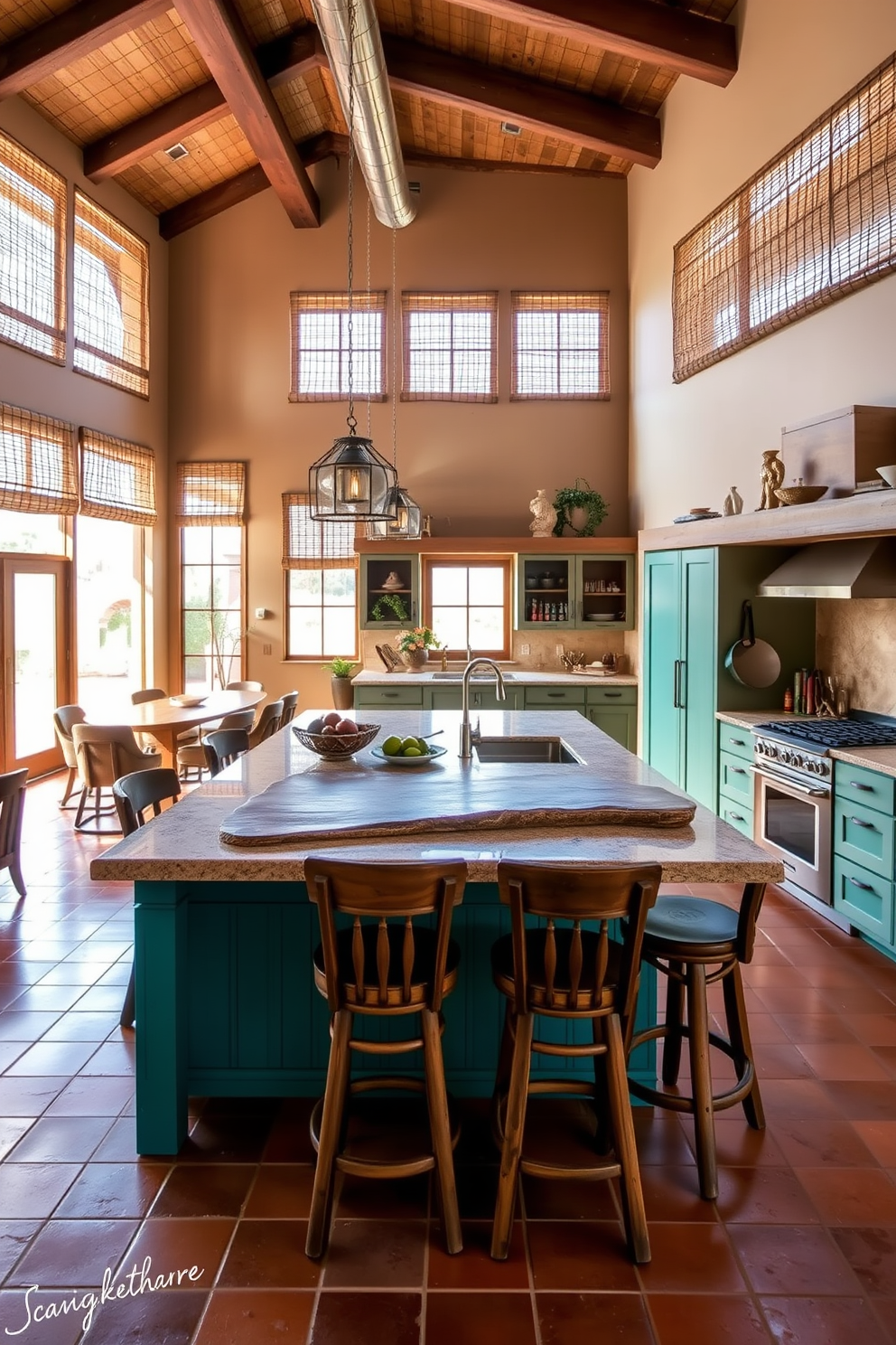 Open concept layout featuring a spacious Southwestern kitchen with warm earthy tones. The kitchen island is topped with a large slab of granite and surrounded by rustic wooden bar stools. Natural light floods the space through large windows adorned with woven shades. The cabinetry is a mix of distressed wood and vibrant turquoise, complemented by terracotta tile flooring.