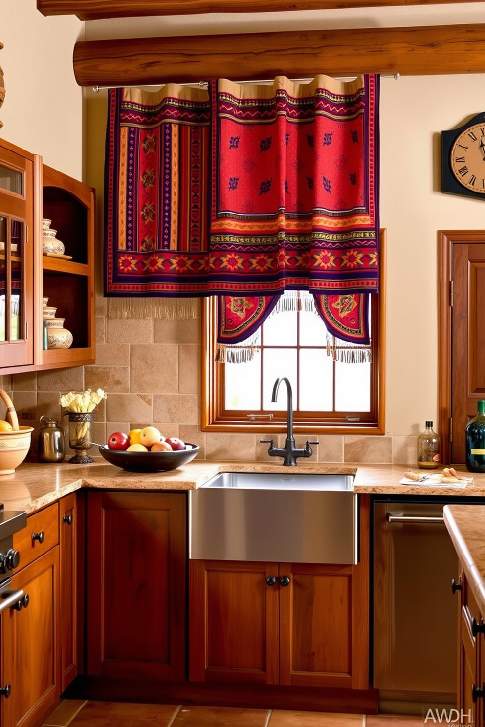 A warm Southwestern kitchen featuring a rustic wooden dining table surrounded by colorful woven chairs. The walls are adorned with vibrant tile accents, and cactus and succulent plants are strategically placed on the windowsill and countertop for a lively touch.