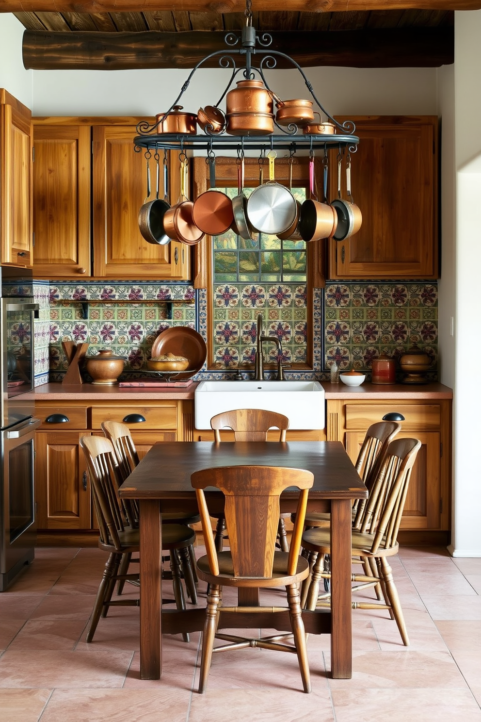 A charming Southwestern kitchen features rustic wooden cabinets with a distressed finish. Copper pots and pans hang from a wrought iron rack above a farmhouse sink, adding a vintage touch to the space. The walls are adorned with colorful Talavera tiles, showcasing traditional patterns. A large wooden dining table sits in the center, surrounded by mismatched chairs that enhance the eclectic feel of the kitchen.